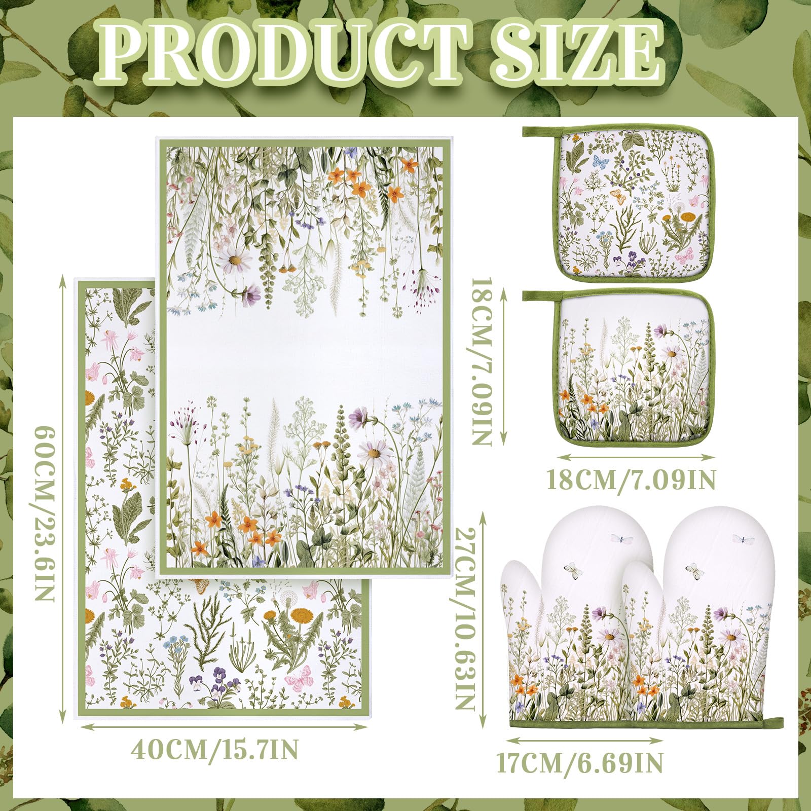 Premium 6-Piece Floral Oven Mitts & Pot Holders Set - Farmhouse Style Heat Resistant Kitchen Towels for Cooking, Baking, Grilling - Green Spring Flower Design - Perfect for Holiday Gifts & Rustic Kitchen Decor
