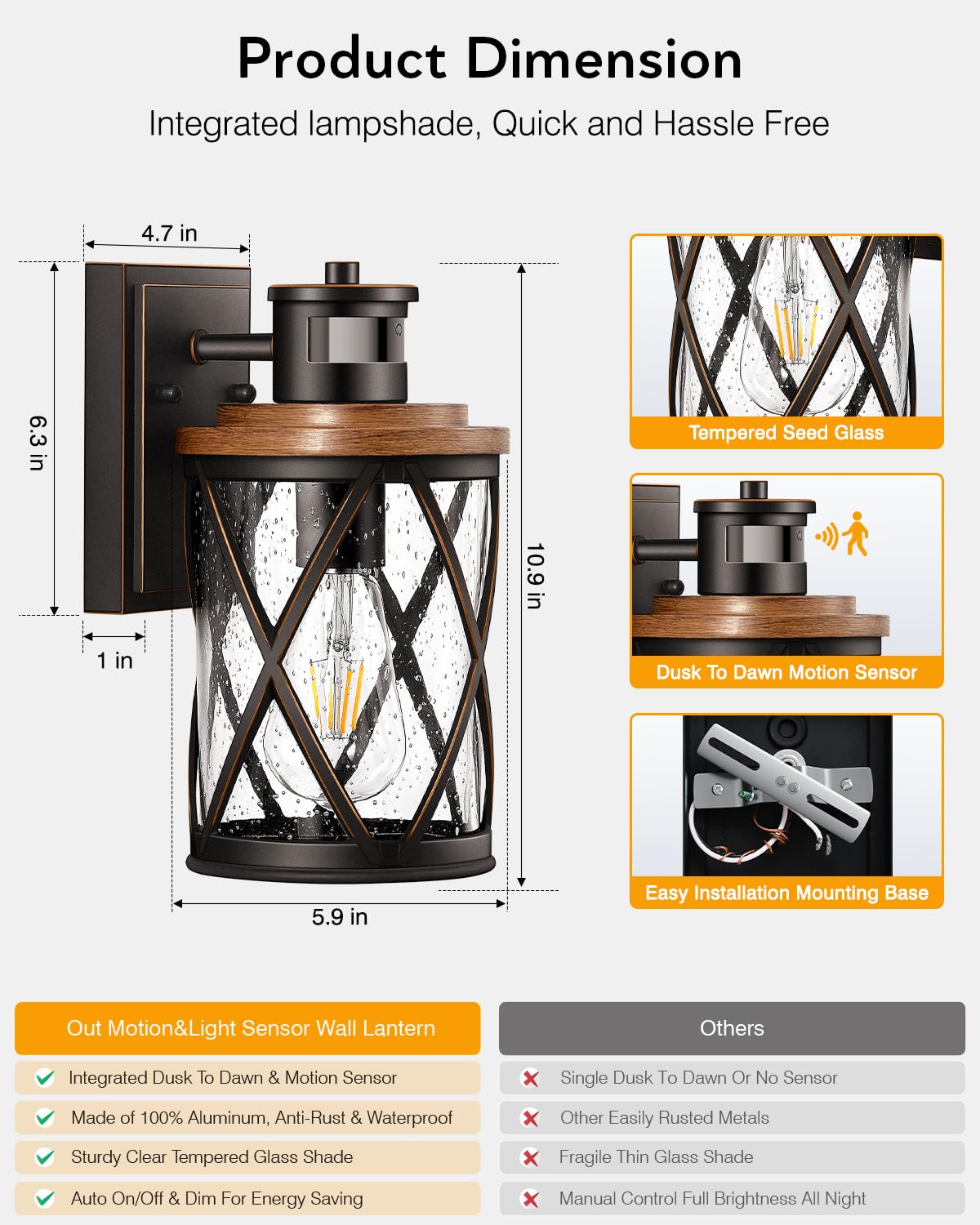 VIANIS Outdoor Motion Sensor Light - Wood Grain Dusk to Dawn Security Light for House, Garage, Entryway - Waterproof & Rustproof for All Weather Use - Perfect for Home Security, Pathway Lighting, and Backyard Safety