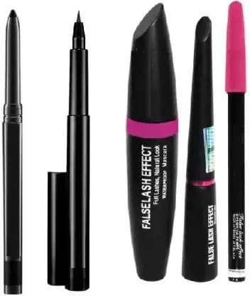 Gold Max Professional Waterproof Makeup Kit - Eyeliner, Mascara, Eyebrow Pencil, Lipstick, Kajal (6-Piece Set, Matte Black) | Long-Lasting Cosmetics for Party, Wedding & Daily Wear