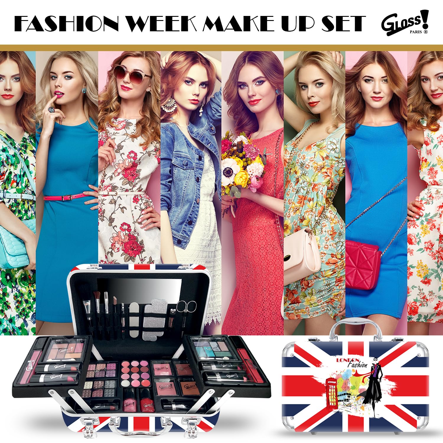 62Pcs Beauty Makeup Case Set - Luxury Travel Cosmetic Organizer with Mirror, Perfect Gift for Women, Christmas, Birthday (London UK Design) - Ideal for Travel, Home Storage & Makeup Artists