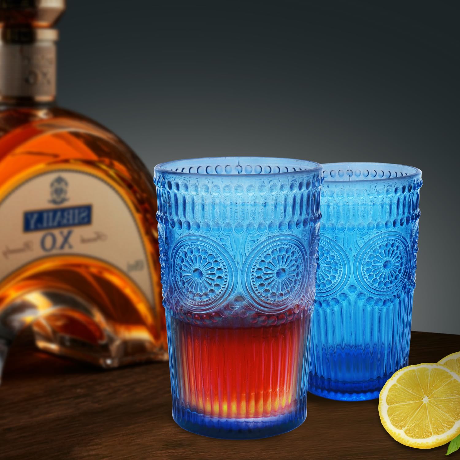 Vintage Drinking Glasses Set of 6 - 12 oz Blue Highball Glasses with Embossed Ribbed Design - Perfect for Cocktails, Water, Juice, Coffee & Whiskey - Ideal for Home Bars, Parties & Gifts