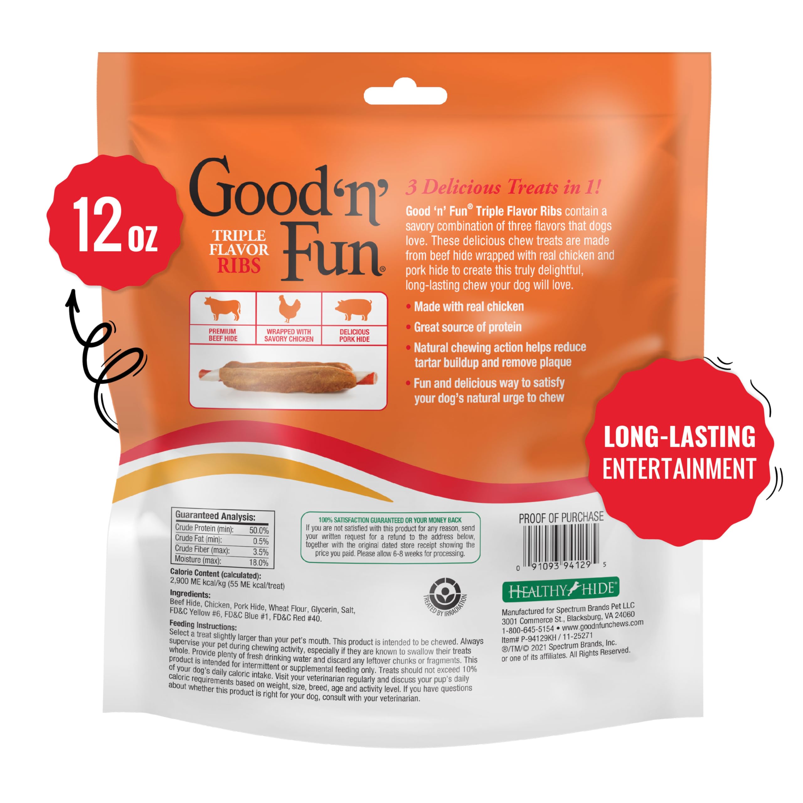 Good ‘n’ Fun Triple Flavor Dog Chews - Beef, Chicken & Pork Hide Long-Lasting Treats for All Dogs (12oz) - Perfect for Training Rewards, Dental Health & Playtime