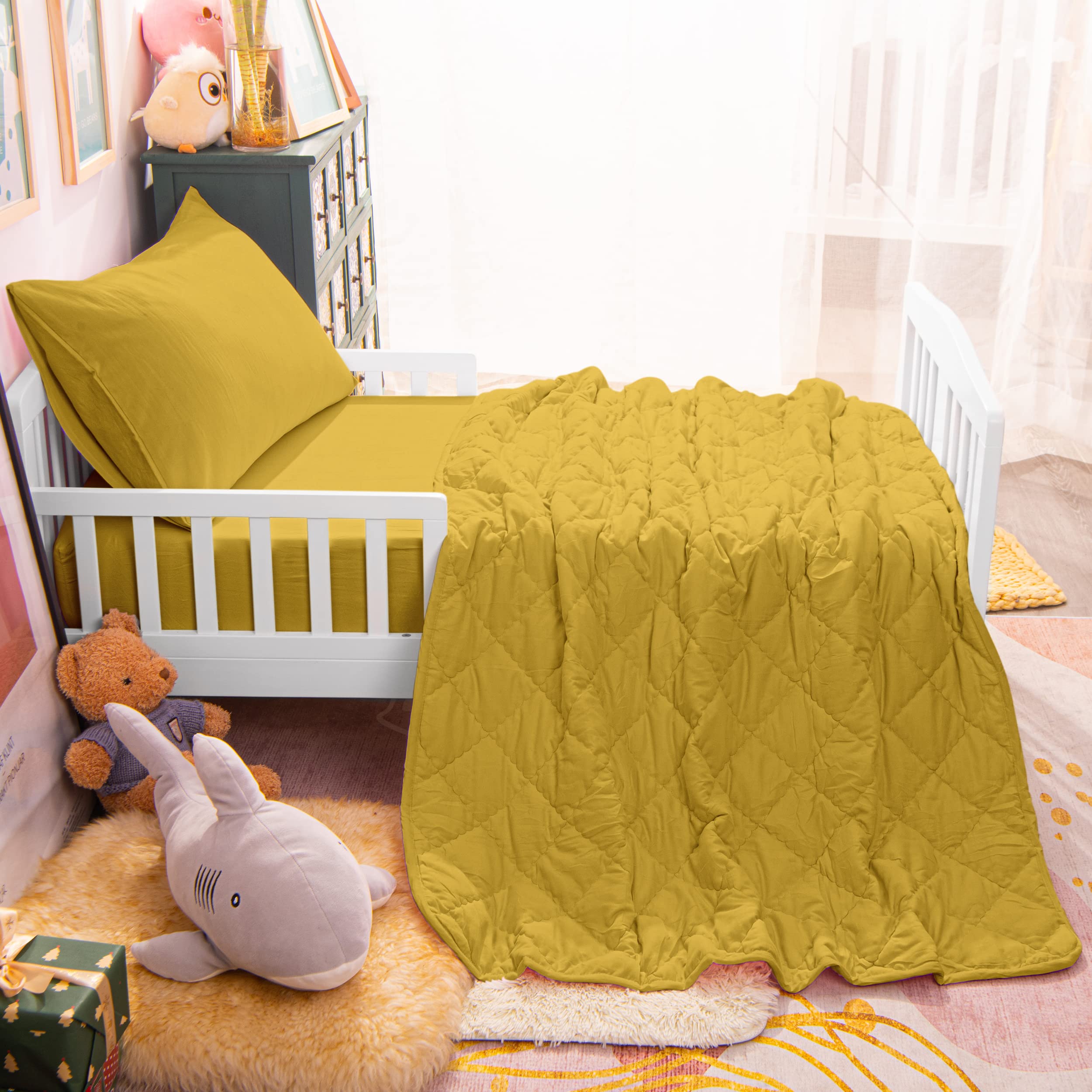 NTBAY 4-Piece Toddler Bedding Set - Soft & Breathable Crib Bedding for Boys & Girls | Quilted Comforter, Fitted Sheet, Flat Sheet & Pillowcase | Yellow Nursery Decor | Perfect for Daycare, Nursery & Toddler Rooms