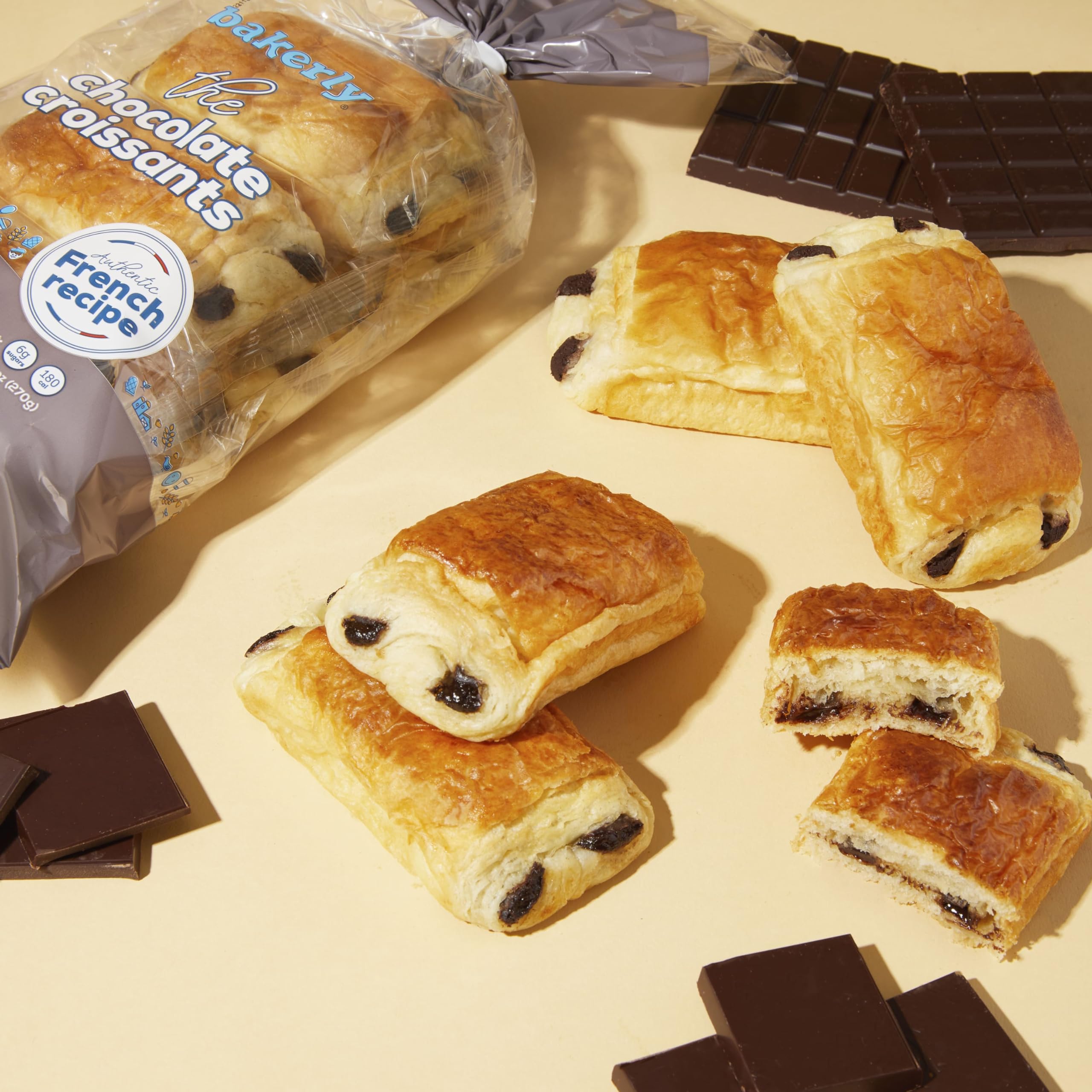 Bakerly Chocolate Croissants with Real Chocolate - Non-GMO, No Artificial Flavors or Colors - 12 Pack (2 x 6 Count) - Perfect for Breakfast, Brunch & Coffee Time