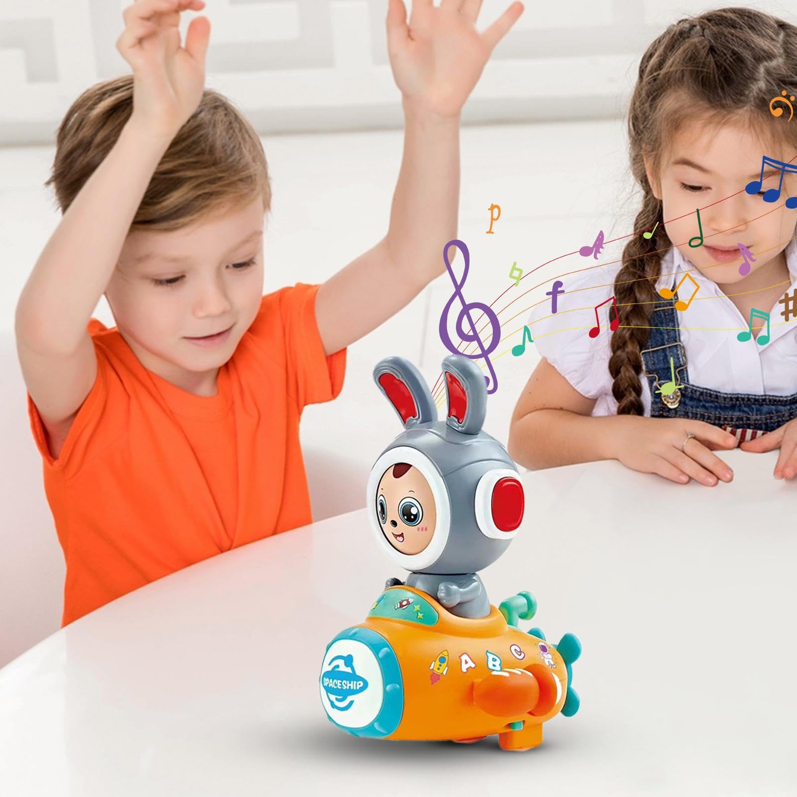 Interactive Electric Bunny Toy with Face Changing & Spaceship - Walking Rabbit Toy with Lights & Music for Kids - Perfect for Playtime, Birthday Gifts & STEM Learning