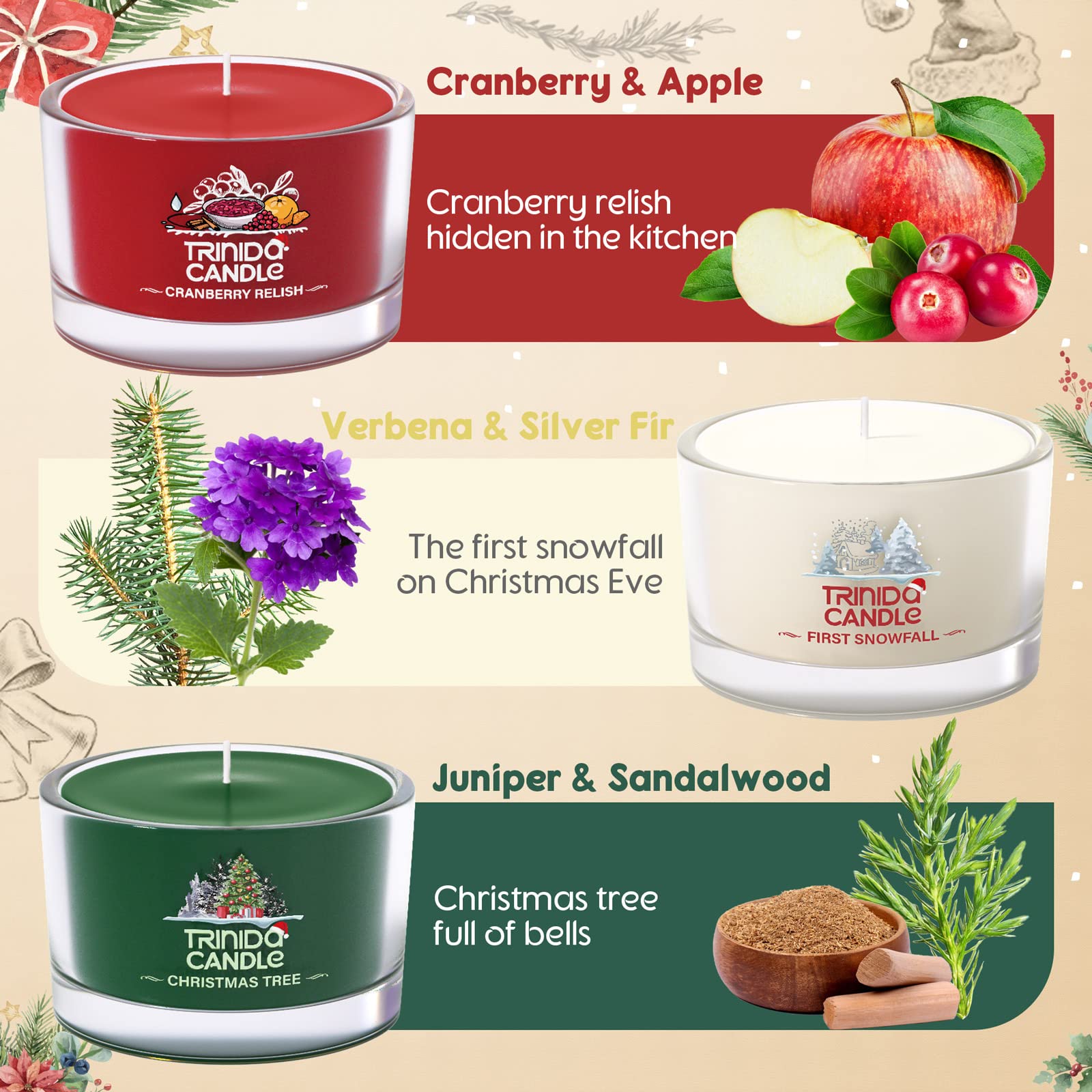 TRINIDa Christmas Candles Set - 3 Pack Scented Candles in Glass Jars with Verbena & Cranberry Apple & Sandalwood Juniper Fragrances | Holiday Home Decor, Festive Ambiance, Cozy Fall Atmosphere