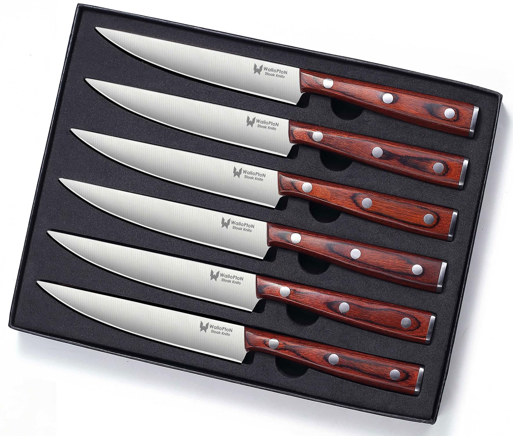 Premium 6-Piece Steak Knife Set - Ultra Sharp High Carbon Stainless Steel Blades with Full Tang Wood Handles - 5