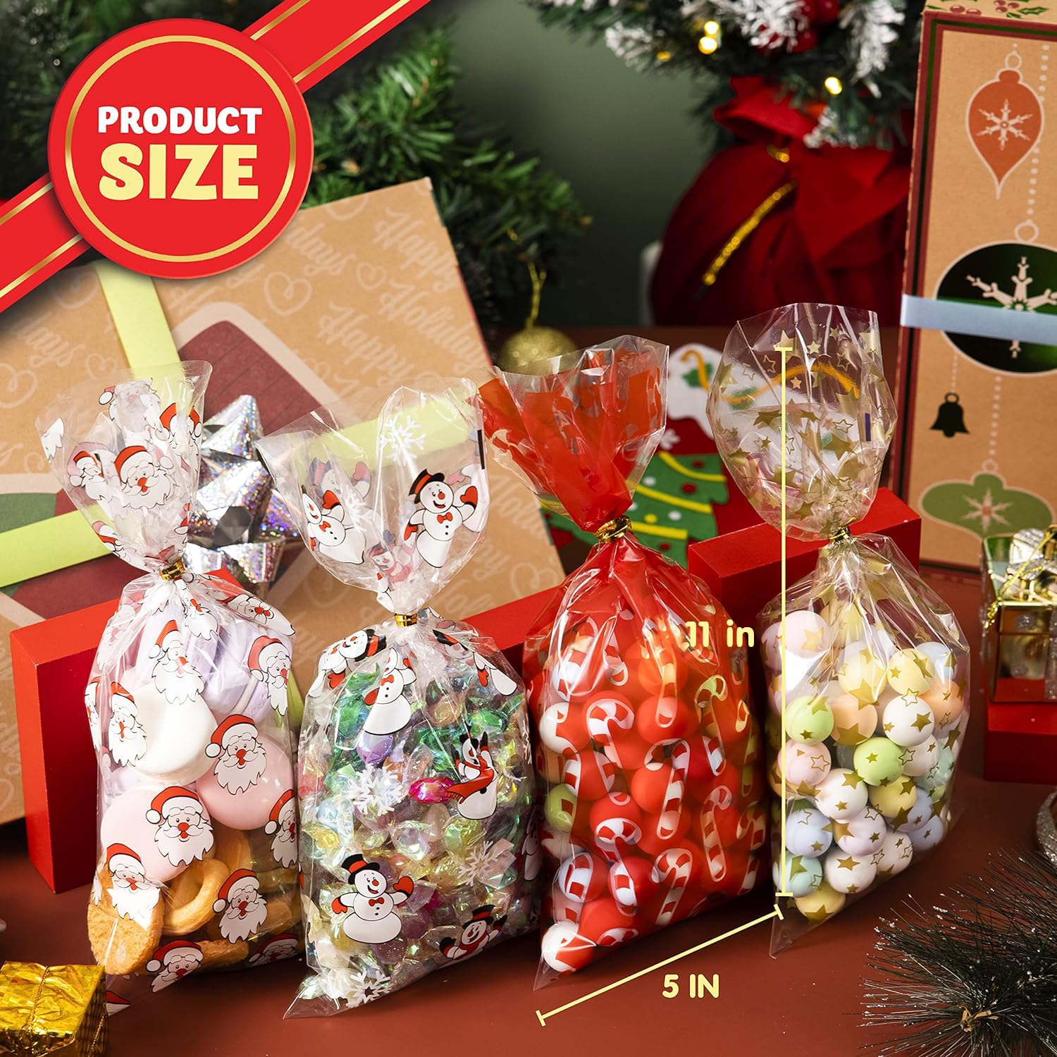 JOYIN 144-Piece Christmas Cellophane Gift Bags with Ribbon - Holiday Treat Bags for Candy, Cookies & Party Favors - Clear Cello Goodie Bags for Xmas Gifts, Stocking Stuffers & Holiday Celebrations