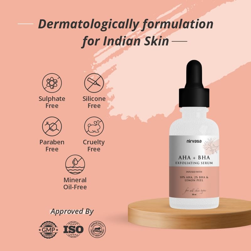 Nirvasa AHA + BHA Exfoliating Serum for Face - 10% Glycolic Acid & 2% Salicylic Acid with Lime Pearl Extract | Deep Cleansing, Pore Minimizing, Dead Skin Removal | Silicone Free, Paraben Free, Vegan & Cruelty Free (30ml) | Perfect for Daily Skincare Routine & Acne-Prone Skin