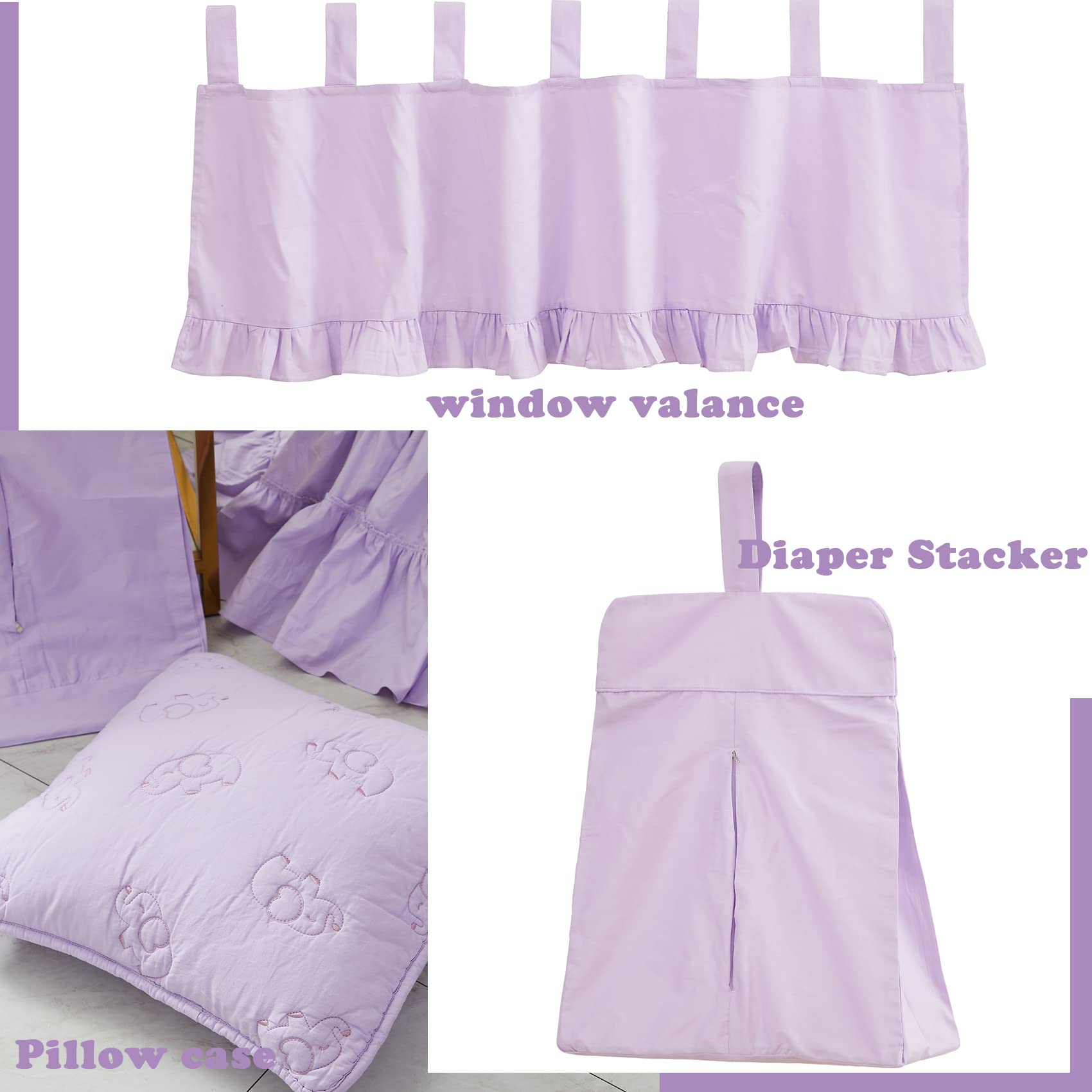Brandream Purple Baby Girls 6-Piece Cotton Crib Bedding Set with Embroidered Elephant Quilt, Fitted Crib Sheet & Bed Skirt | Soft Nursery Bedding for Newborns & Toddlers | Perfect for Nursery Decor, Baby Showers & Gift Giving