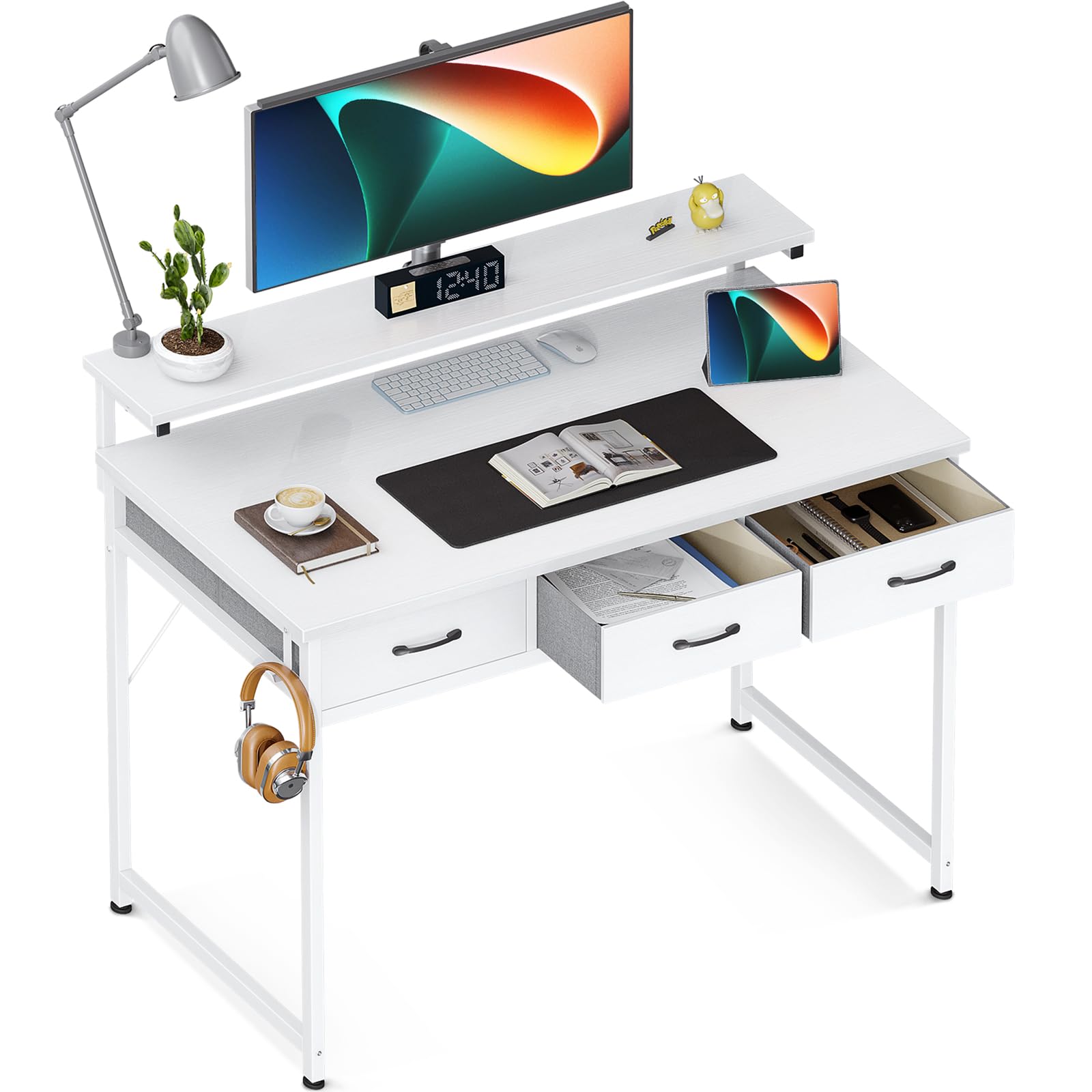 40 Inch Modern White Computer Desk with 3 Drawers & Storage Shelves - Home Office Desk with Monitor Stand for Work, Study & Writing - Perfect for Small Spaces & Remote Work Setup