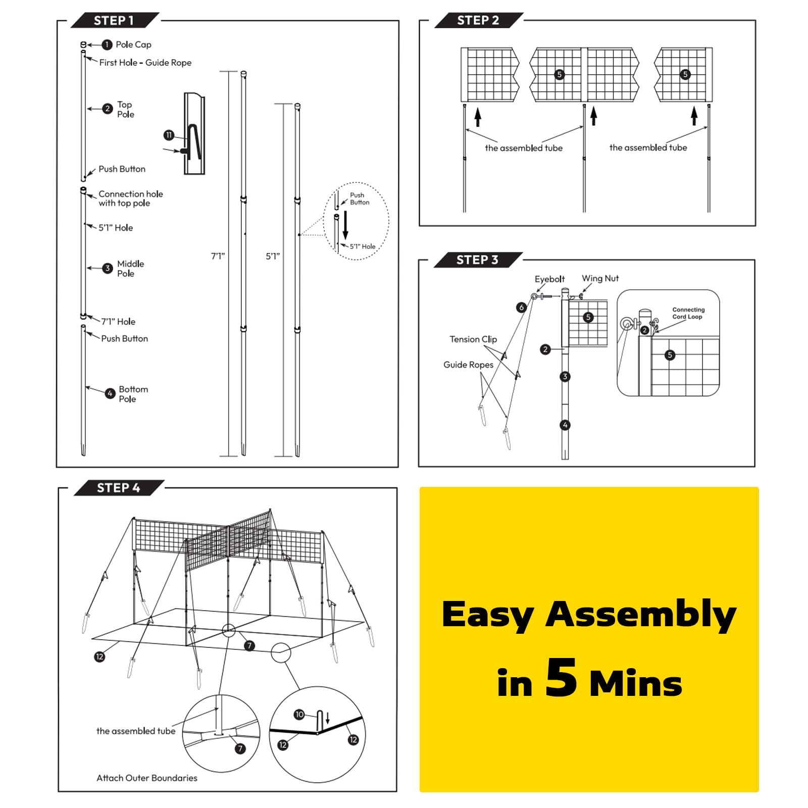 A11N 4-Way Volleyball and Badminton Net Set - Adjustable Height for Backyard, Beach, Park & Outdoor Sports - Perfect for Adults & Kids (Red & Yellow) - Great for Family Gatherings, Picnics, and Summer Games