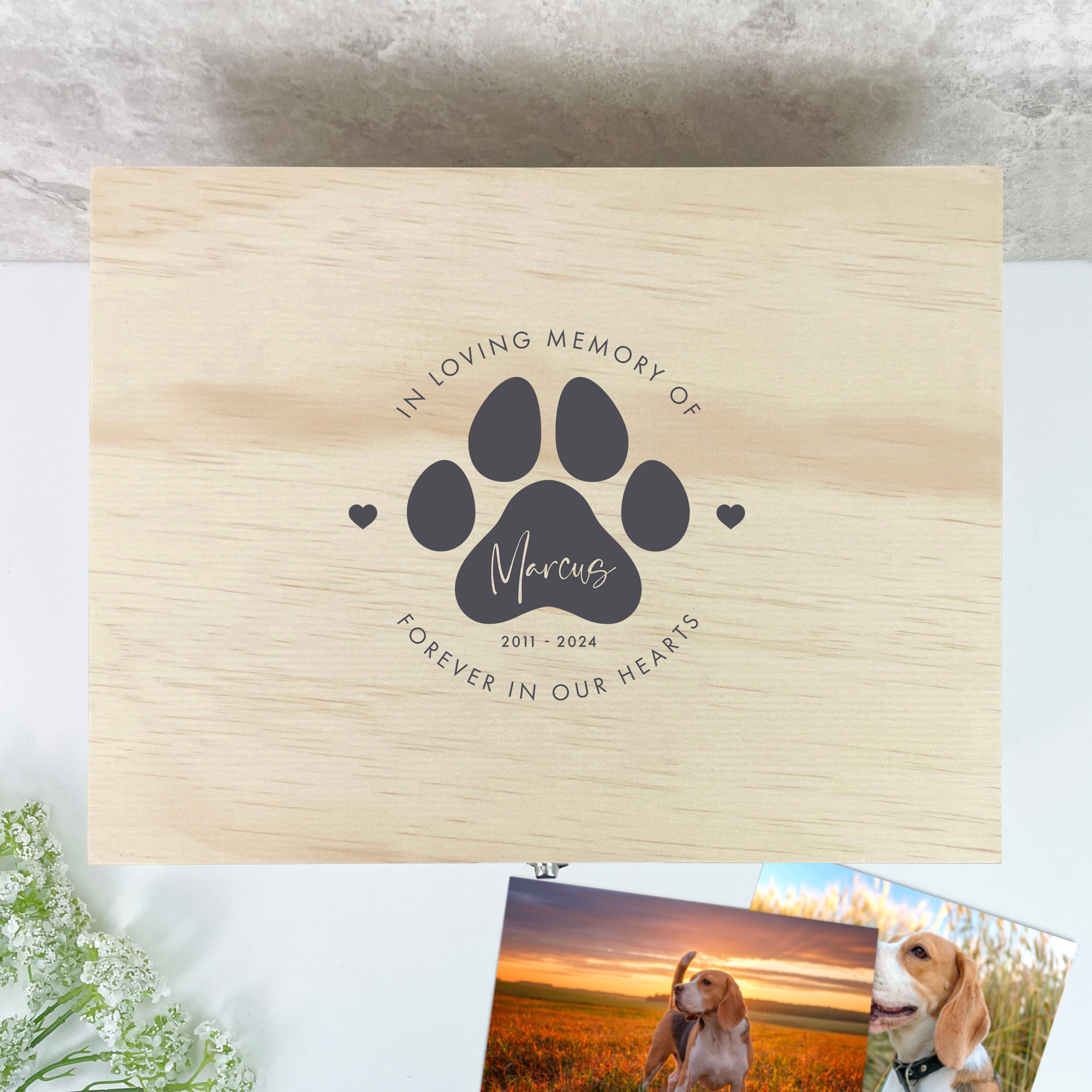 Personalized Wooden Pet Memorial Box - Custom Engraved Pet Name Keepsake Box for Ashes, Photos & Mementos - 5 Sizes (16cm, 20cm, 26cm, 30cm, 36cm) - Perfect for Pet Loss Remembrance & Home Memorial Display