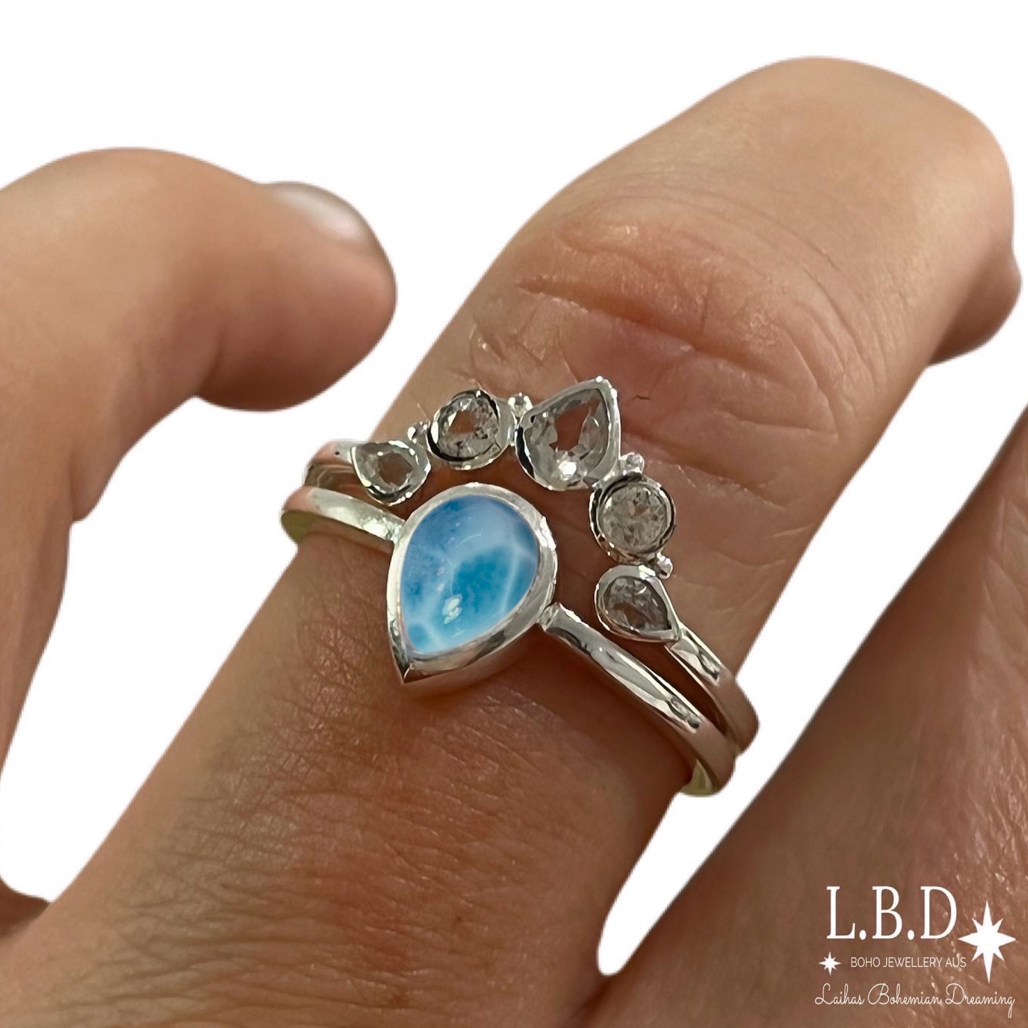 Laihas Queen of Cups Topaz & Larimar Ring Set | Elegant Gemstone Jewelry for Women | Perfect for Gifts, Parties & Spiritual Healing