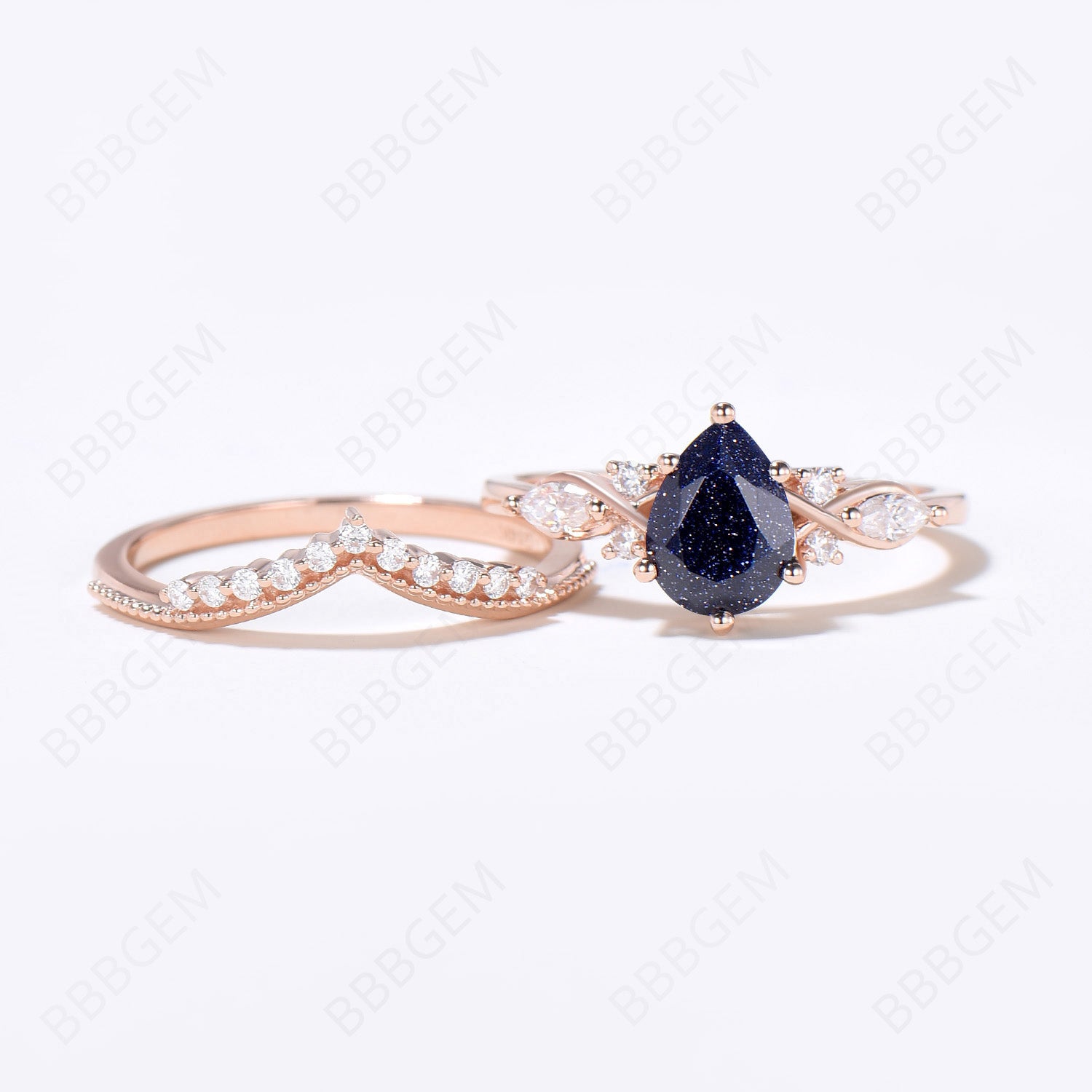 Blue Sandstone Teardrop Ring Set - 7 Stone Cluster Ring with Milgrain Detailing for Women | Perfect for Weddings, Parties & Everyday Elegance