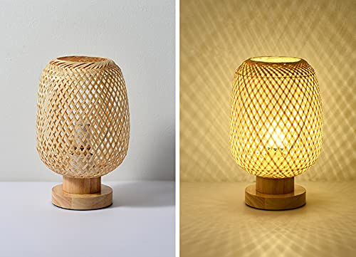 Natural Bamboo Desk Lamp with Wood Base & Rattan Shade - Modern Rustic Table Light for Bedroom, Office, Study, Patio - Eco-Friendly Wicker Basket Egg Design for Home Decor