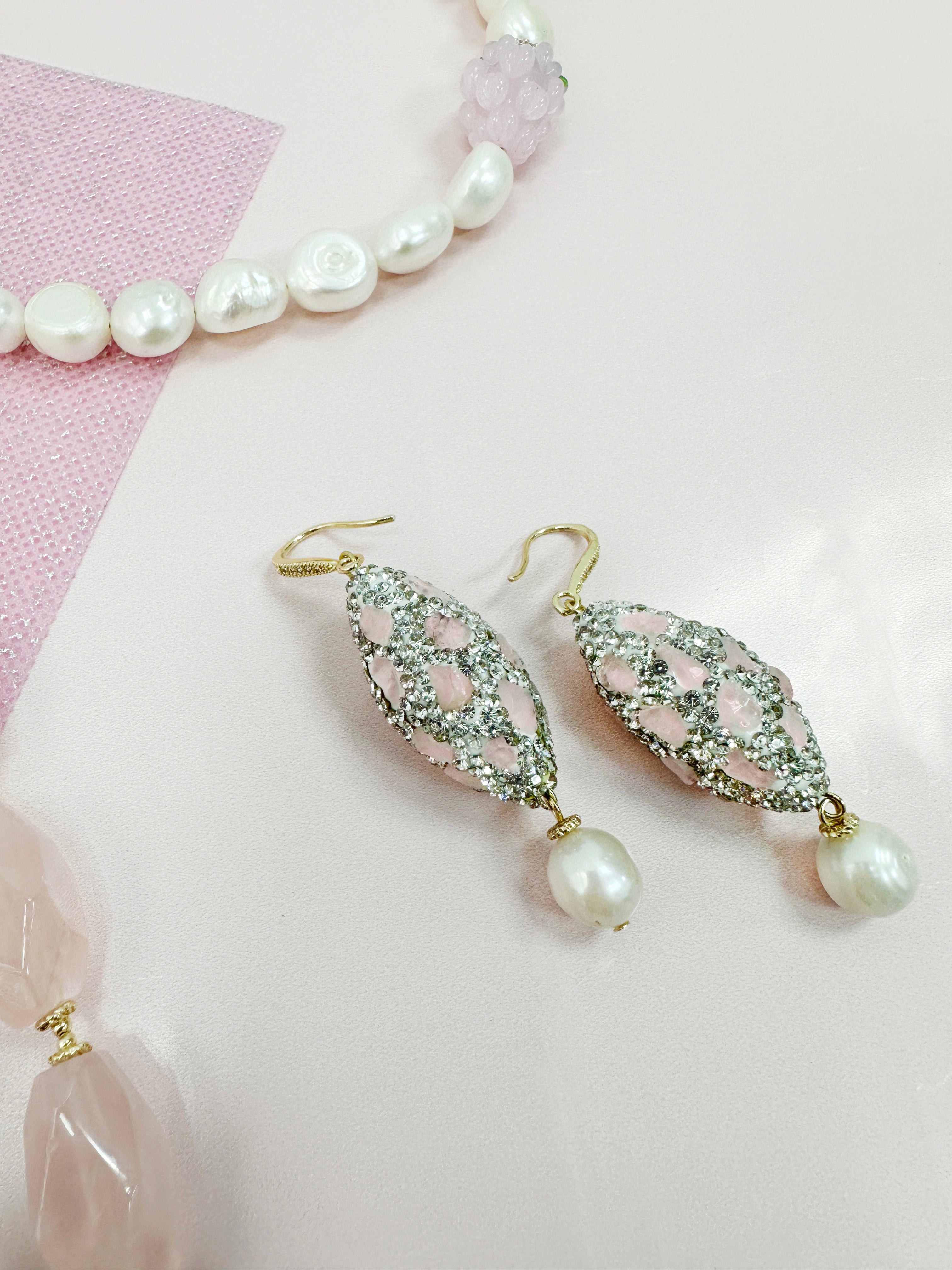 Rose Quartz Rhinestone & Freshwater Pearl Earrings LE007 | Elegant Dangle Earrings for Women | Perfect for Weddings, Parties & Date Nights