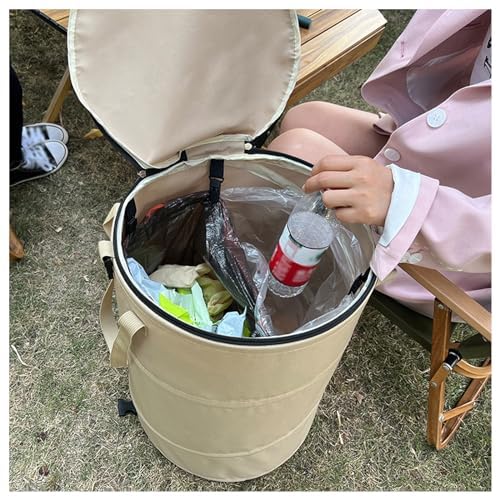 Pop Up Camping Trash Can with Lid - 24 Gallon Collapsible Garbage Bin with Sorting Clips | Reusable Yard Waste Bag for Garden, Lawn & Leaf Collection | Perfect for Outdoor Camping, Picnics & Backyard Cleanup (Beige Coffee)