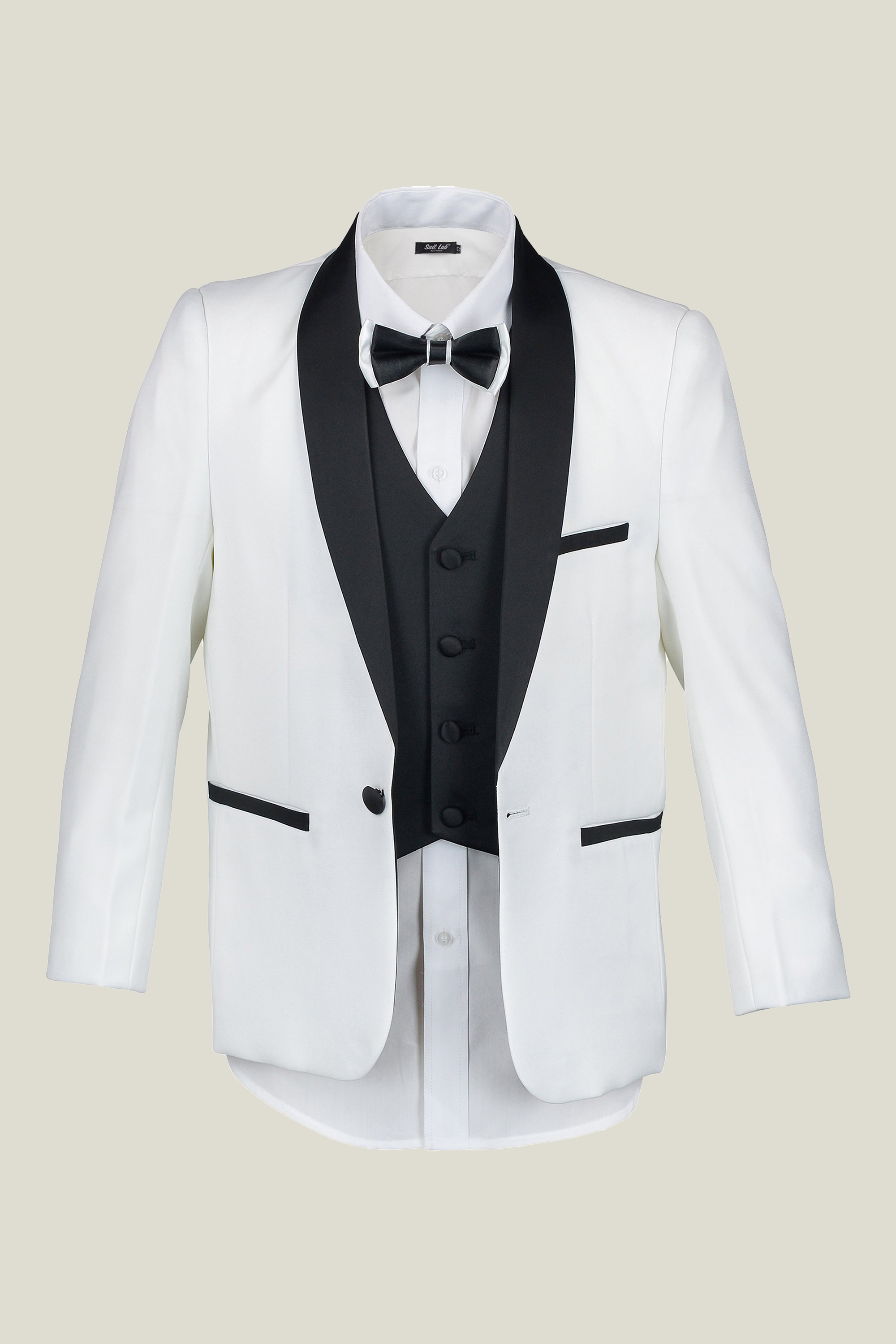 Boys Off White Tuxedo Suit with Black Lapel & Matching Black Pants - Formal Wear for Weddings, Prom, and Special Occasions