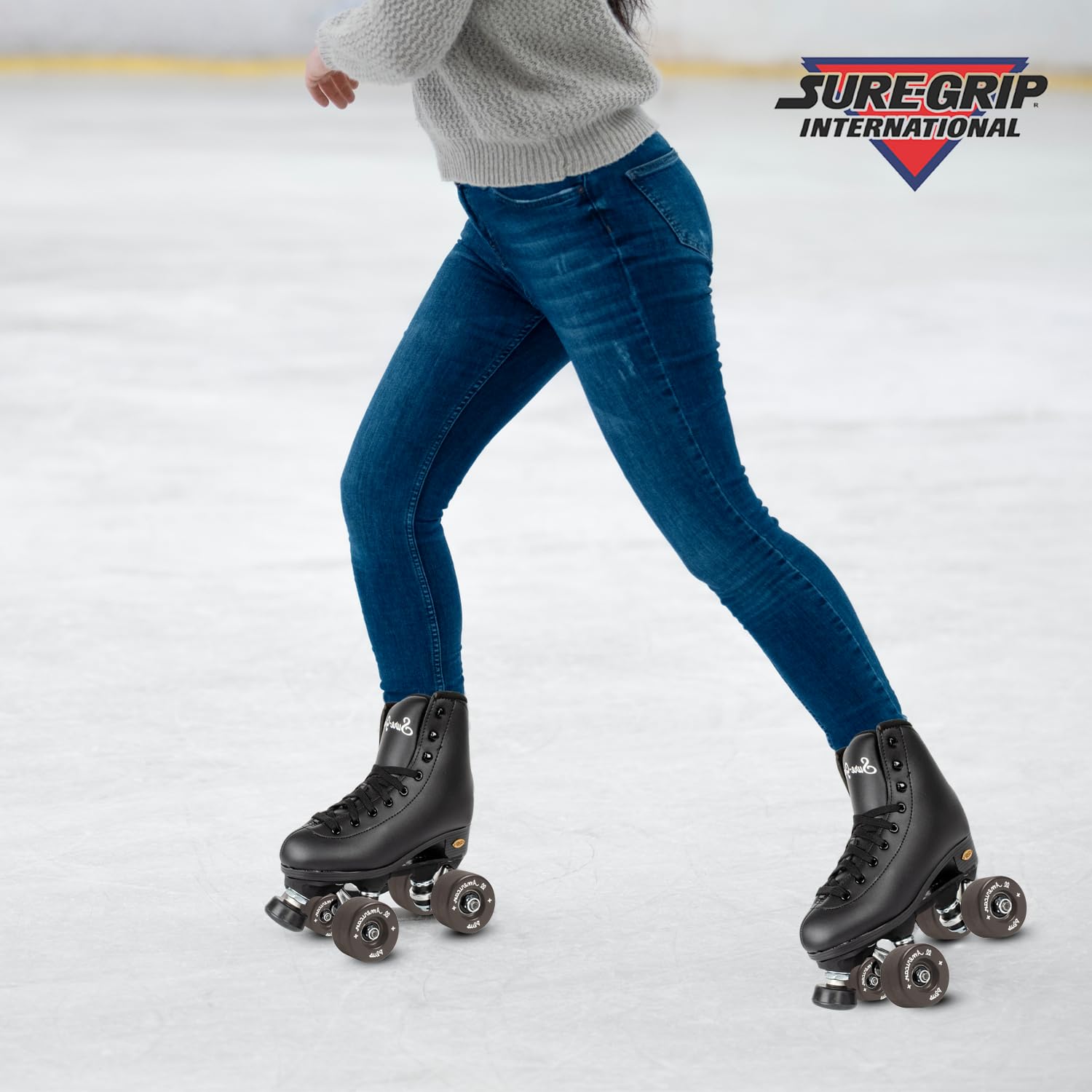 Sure-Grip All American Plus Indoor Black Wheels - 55mm Vanathane Technology - Tough, Lightweight Hard Rink Wheels - Ideal for Beginners - Set of 8 - Perfect for Roller Skating, Roller Derby, and Indoor Rinks