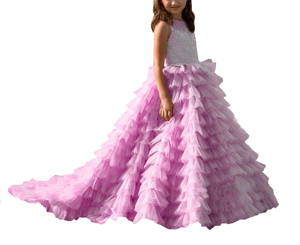 Honeydress Girls Tulle Flower Girl Dresses for Wedding - Lace Appliques Ball Gown Pageant Dresses for Bridal Party, First Communion & Special Occasions