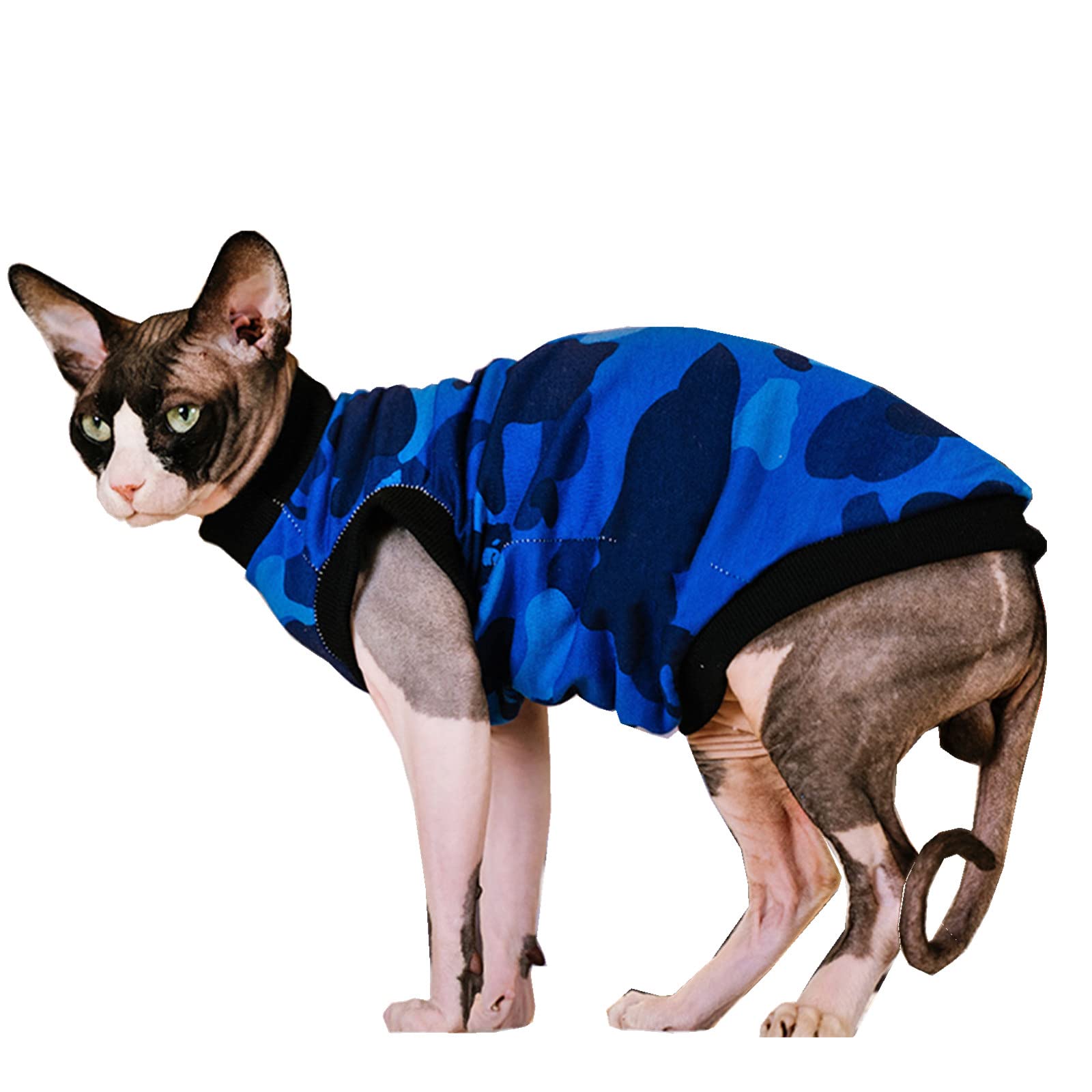 Sphynx Hairless Cat Summer Cotton T-Shirt - Round Neck Sleeveless Pet Vest for Cats & Small Dogs - Breathable Blue Camo XX-Large - Perfect for Outdoor Adventures & Photo Shoots