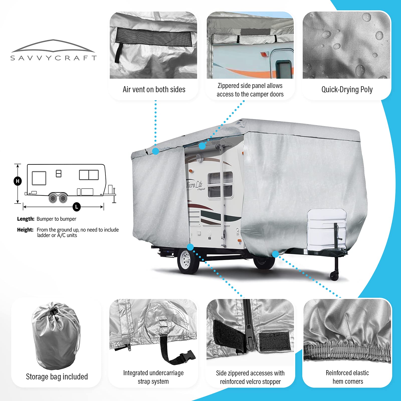SavvyCraft Heavy Duty RV Trailer Cover - Waterproof Camper Cover with Access Panels for 14-16 Feet Travel Trailers | All-Weather Protection for Outdoor Camping & Winter Storage