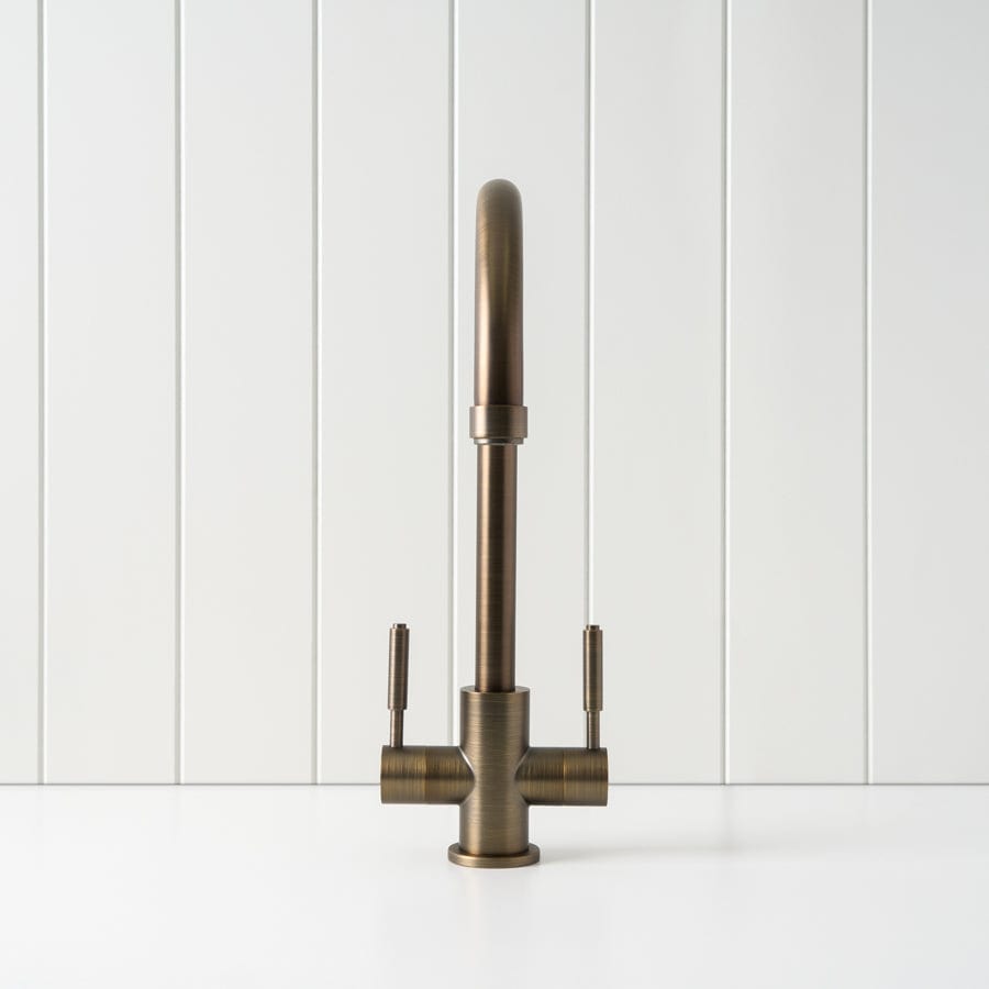 Antique Brass Melbourne Twin Tap Kitchen Mixer - Vintage Style Two Handle Sink Faucet for Farmhouse & Modern Kitchens