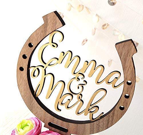 Personalized Horseshoe Cake Topper - Rustic Wooden Wedding Cake Decoration for Country Weddings & Bridal Showers - Perfect for Farmhouse, Western, and Rustic Wedding Themes