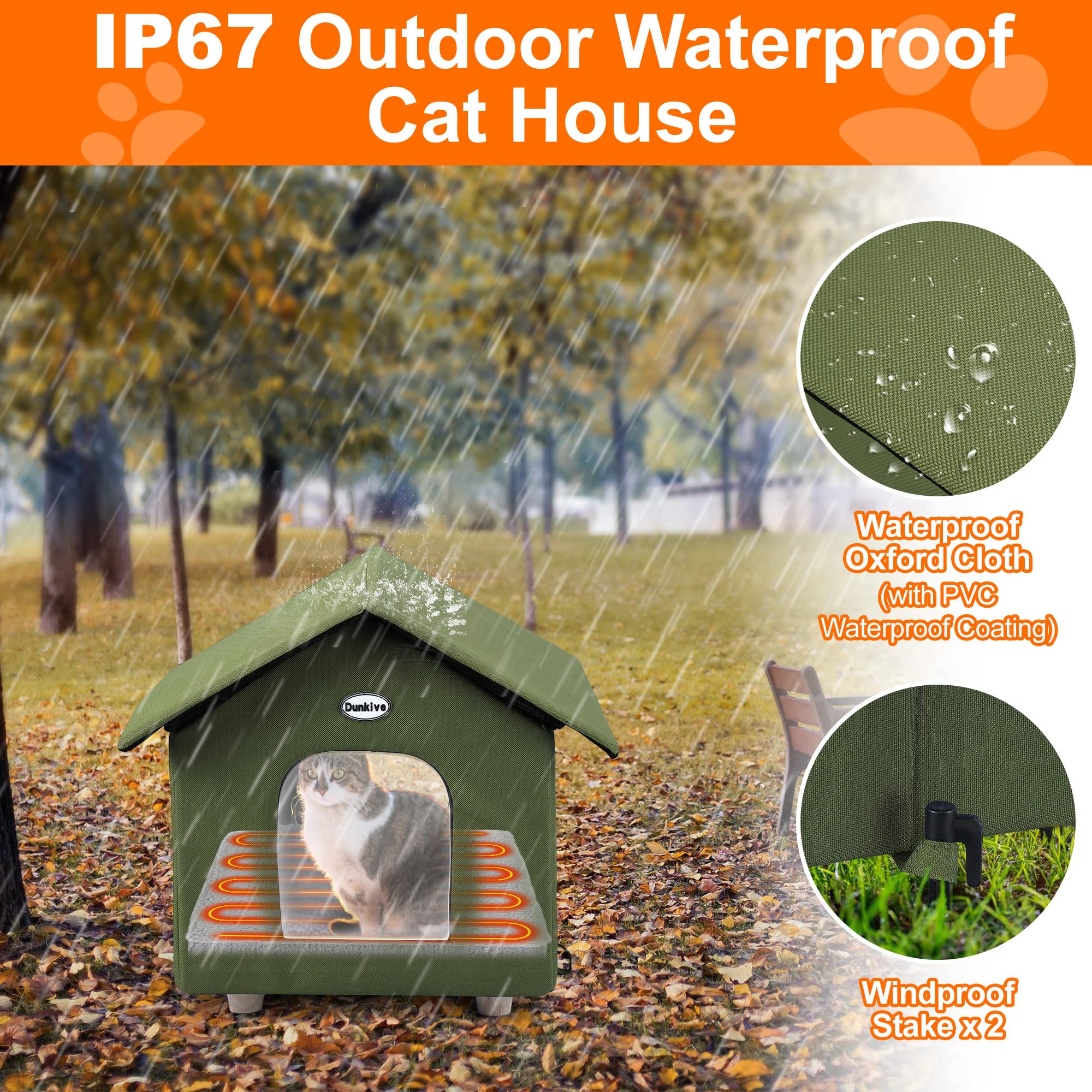 Heated Cat House - Weatherproof Outdoor Shelter with Heated Bed for Winter, Feral Cats & Small Pets - Green