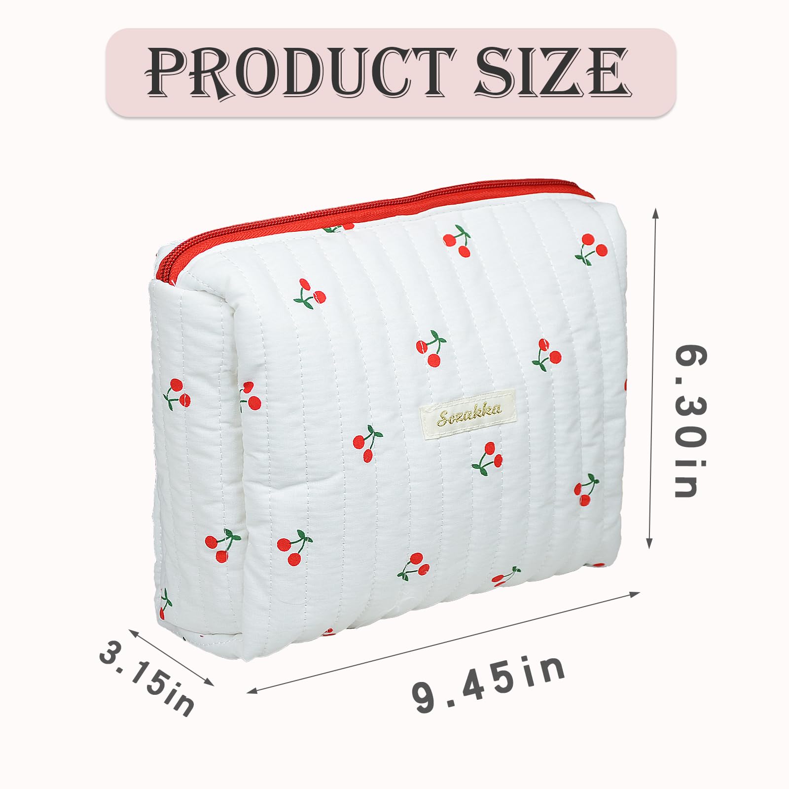 Large Quilted Cotton Makeup Bag for Women - Travel Cosmetic Organizer Pouch with Little Cherry Print | Perfect for Toiletries, Makeup Storage & Travel Essentials