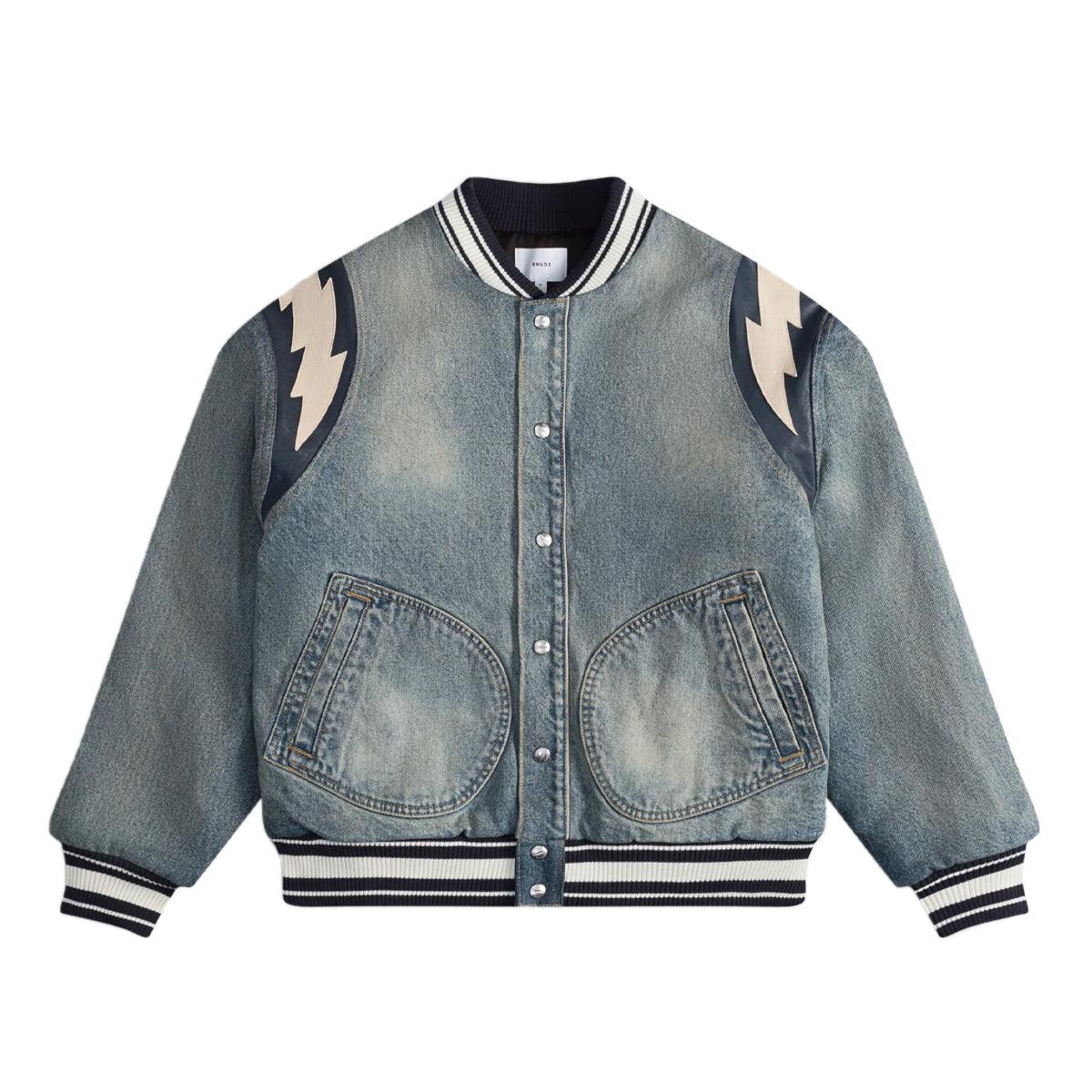 Men's Denim Lightning Varsity Jacket - Dark Indigo Wash Vintage Baseball Jacket for Casual Wear & Street Style Outfits