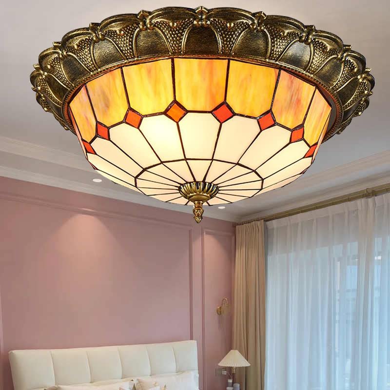 15.6 Inch Tiffany Style Ceiling Light Fixture - Stained Glass Dome Flush Mount Lamp with 3 Lights, Traditional Design for Bedroom, Boutique & Floral Shops | Perfect Vintage Lighting for Home Decor & Commercial Spaces