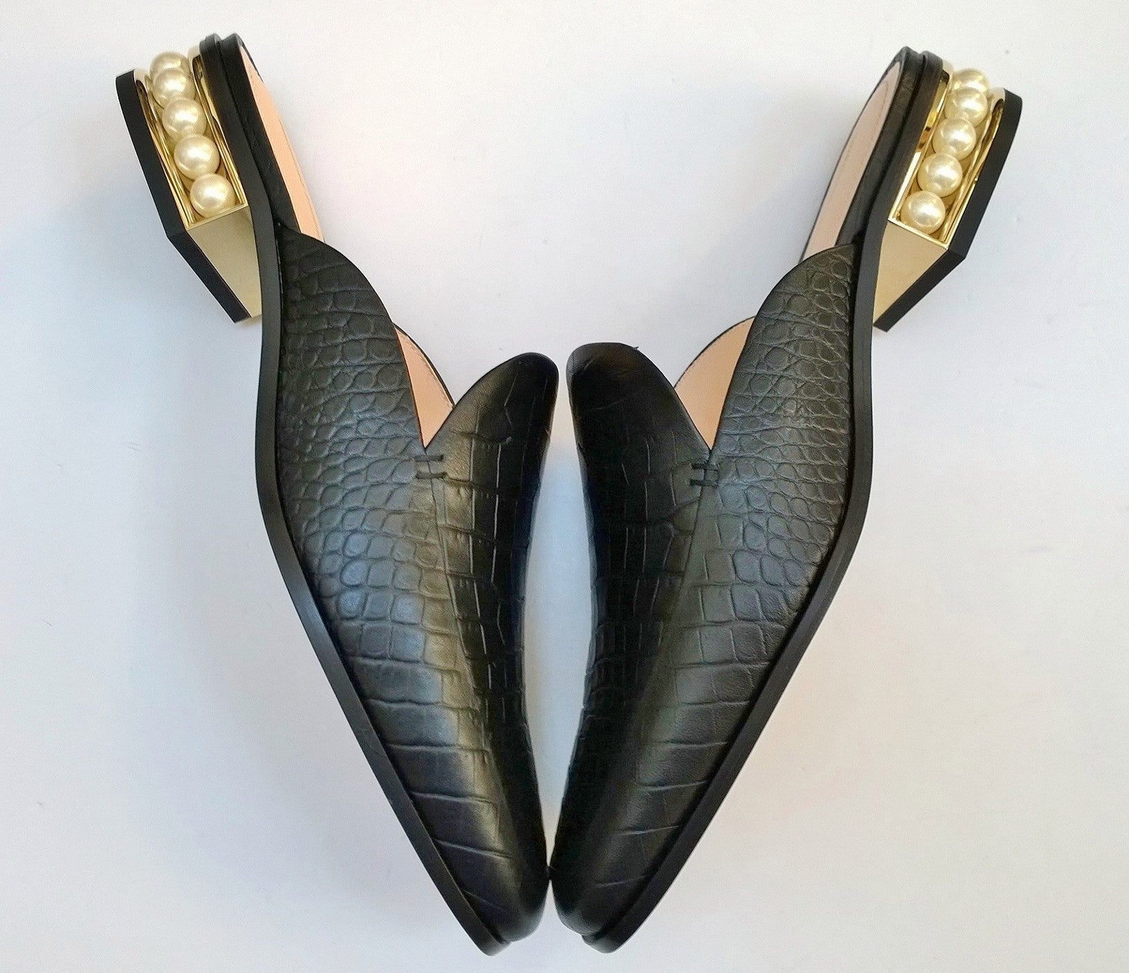 Nicholas Kirkwood Casati Pearl Loafers - Black Crocodile Embossed Leather Moccasin Mule Flats for Women | Elegant Comfort for Office, Parties & Special Occasions