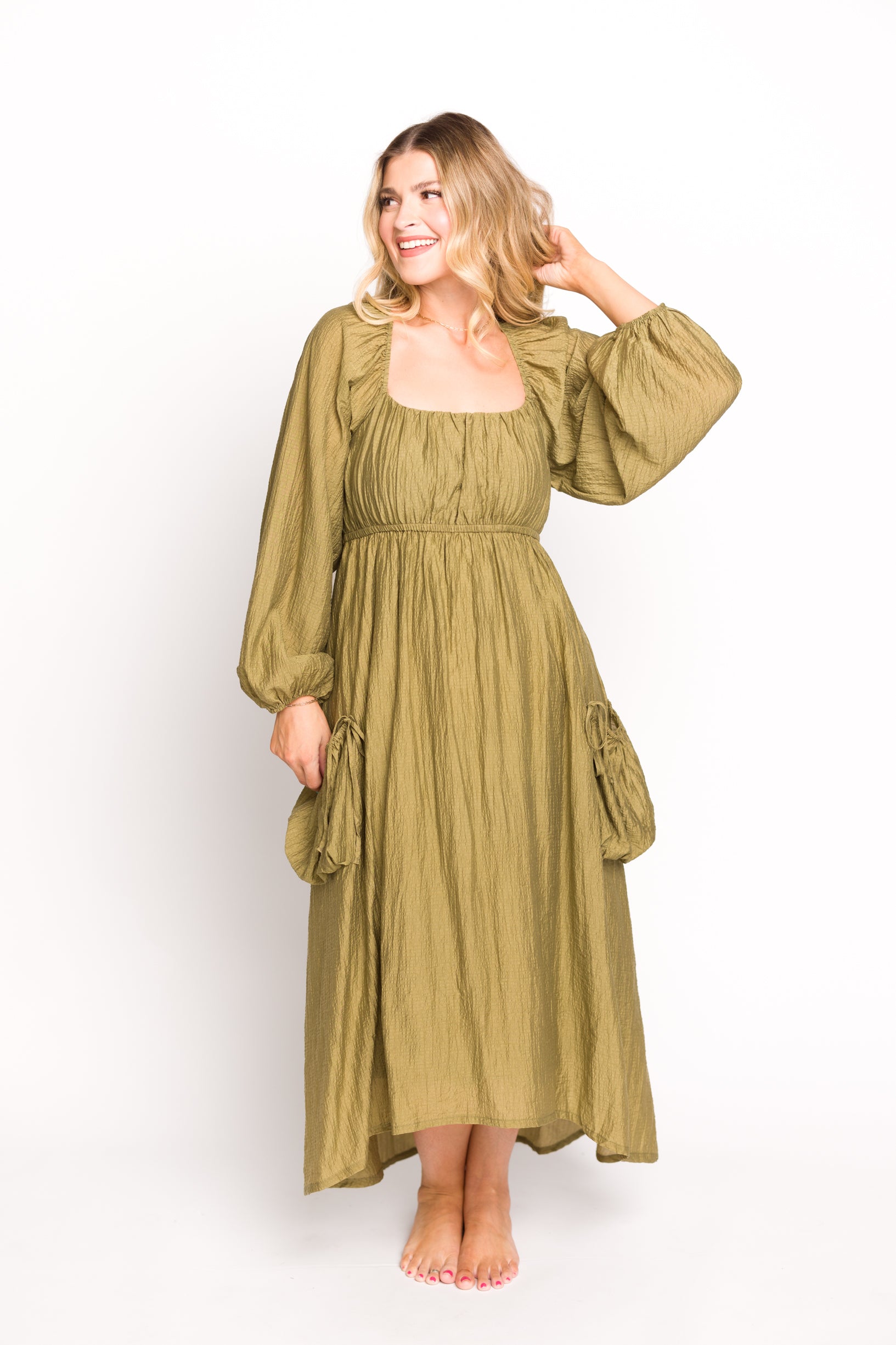 Ariana Women's Olive Long Sleeve Maxi Dress with Slouchy Pocket - Elegant Boho Style for Casual Wear, Date Night & Fall Fashion
