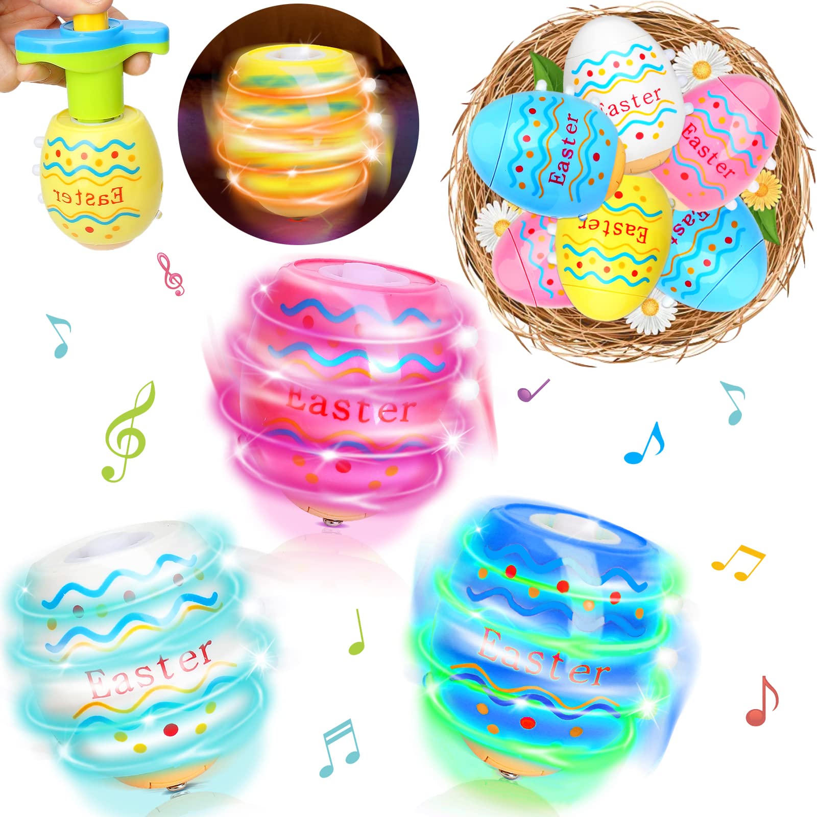6-Pack LED Light Up Spinning Top Easter Eggs - Fun Flashing Gyroscope Toys for Kids, Easter Party Favors, Goodie Bag Fillers & Glow in The Dark Gifts - Perfect for Easter Egg Hunts, Birthday Parties & Classroom Rewards