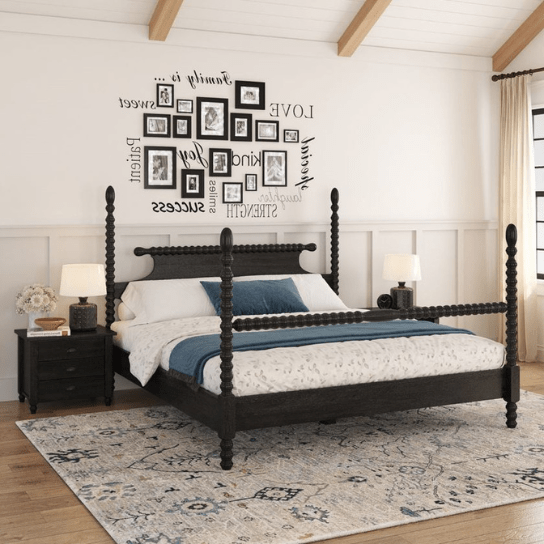 Handmade Black Wooden Four Poster Bed - Elegant Designer Bed Frame for Master Bedroom, Guest Room & Luxury Home Decor