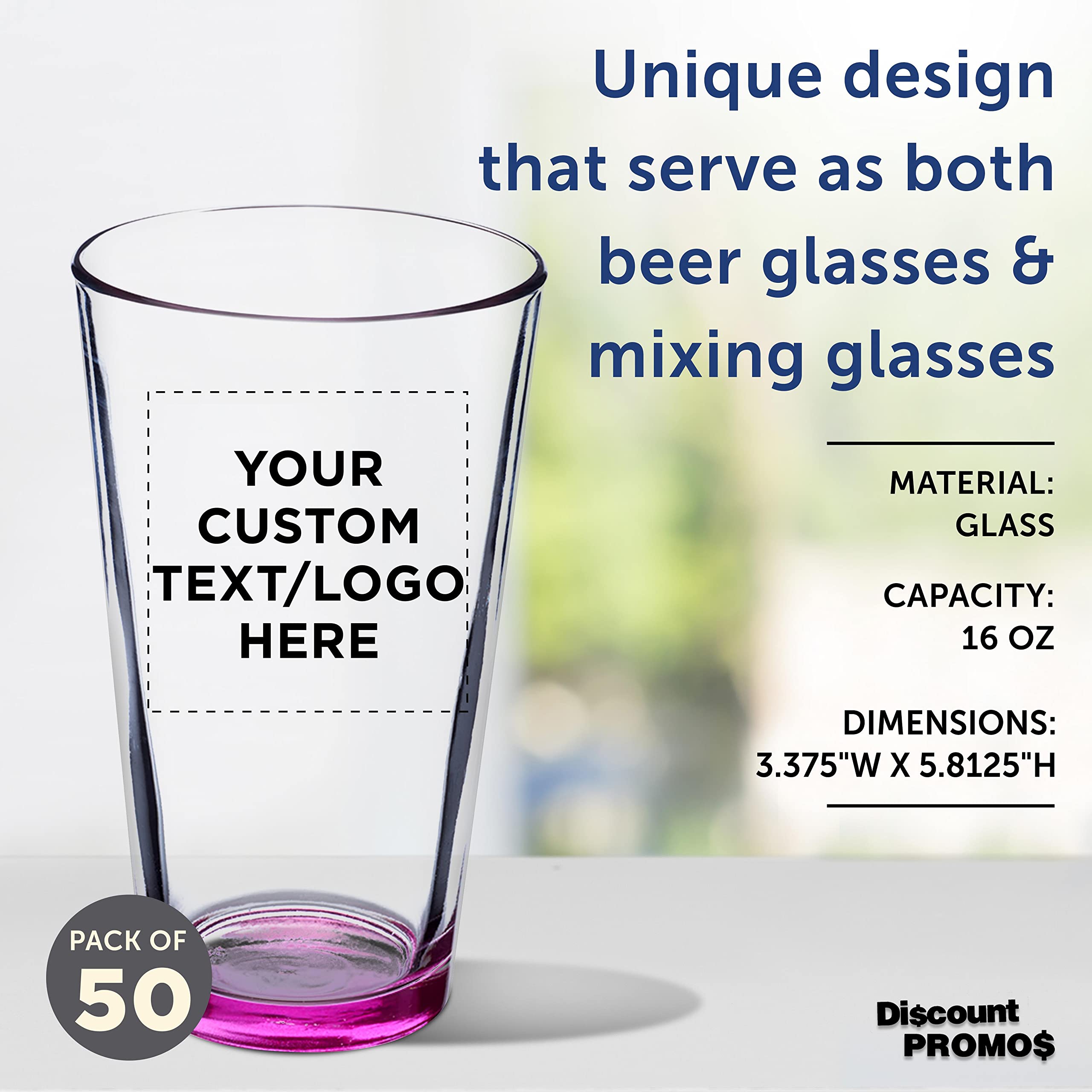 Custom 16 oz Beer Pint Glasses Set of 50 - Personalized Bulk Bar Glasses with Thick Base & Walls - Heavy Duty Stackable Glassware for Restaurants, Pubs & Home Bars - Perfect for Commercial Use, Parties & Gifts (Pink)