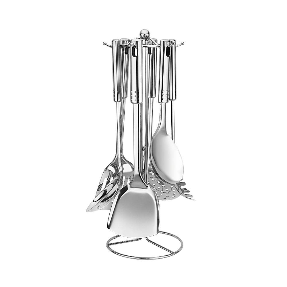 Stainless Steel Rotating Kitchen Utensil Organizer - 6 Hook Countertop Hanger with 7-Piece Cooking Tool Set | Space-Saving Storage for Pots, Pans & Cooking Utensils in Modern Kitchens