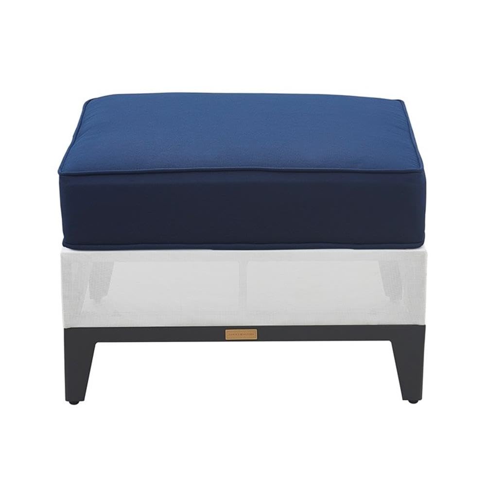 Tommy Hilfiger Hampton Outdoor Ottoman - Coastal White & Navy Stripe - Weather-Resistant Patio Furniture for Poolside, Deck or Garden Relaxation