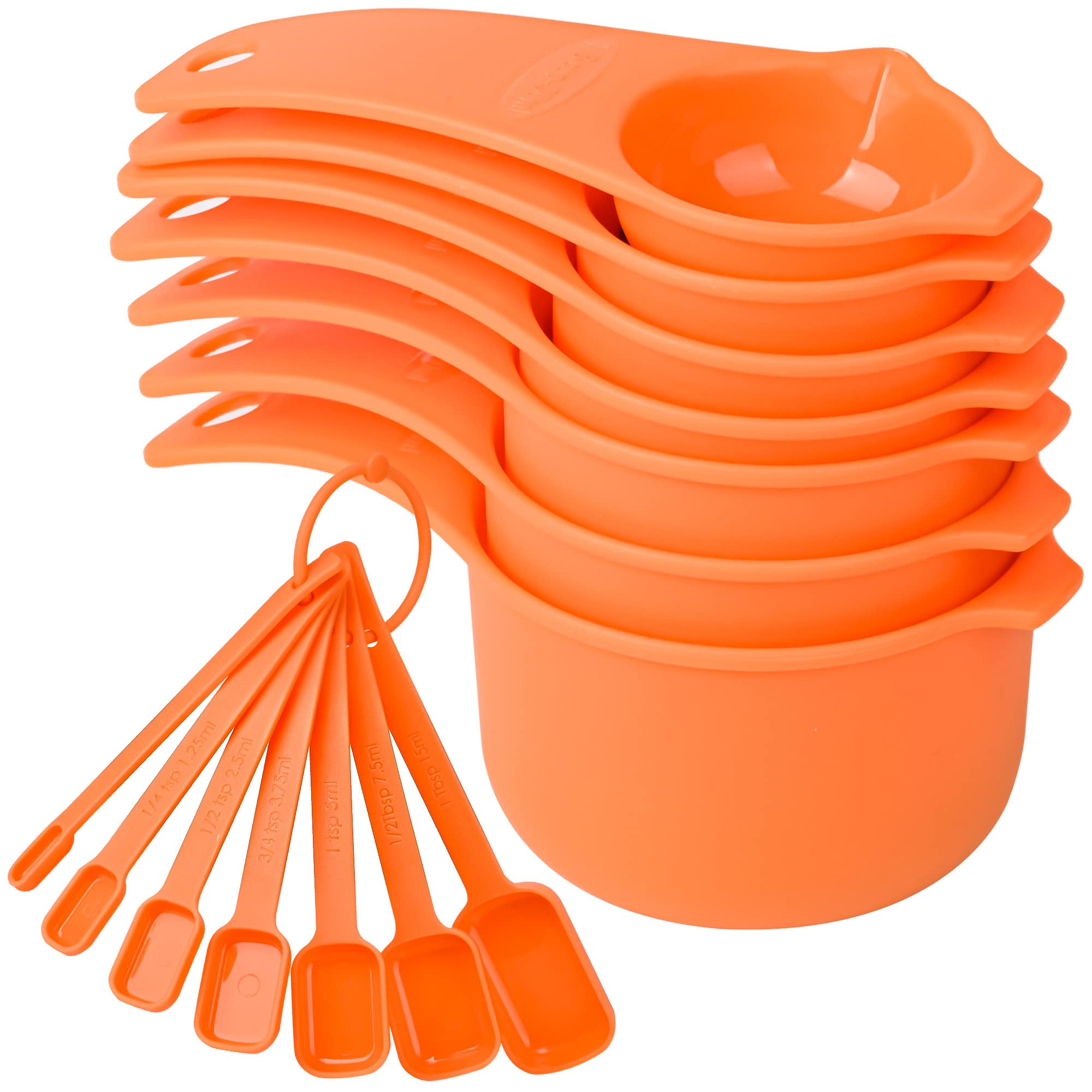 15-Piece Plastic Measuring Cups and Spoons Set - 7 Measuring Cups & 7 Spoons with Leveler - Essential Baking & Cooking Tools for Kitchen, Meal Prep, and DIY Recipes (Orange)