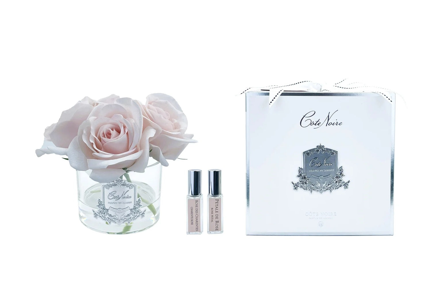 Cote Noire Limited Edition French Pink Perfumed Roses - Set of 5 Scented Artificial Flowers in Clear Glass Vase with Silver Accents for Home Decor, Wedding Centerpieces & Romantic Gift Ideas