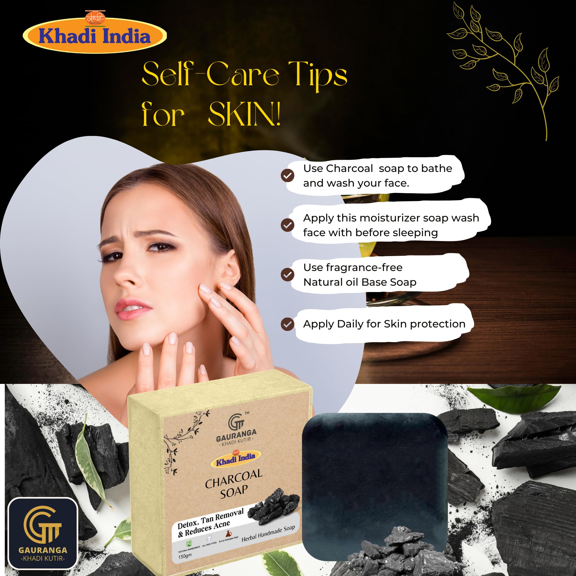 Khadi Activated Charcoal & Tea Tree Oil Soap - 3 Pack (75g Each) for Acne-Free, Bright Skin | Natural Detox & Tan Removal Face & Body Wash | Perfect for Daily Skincare & Deep Cleansing Routine