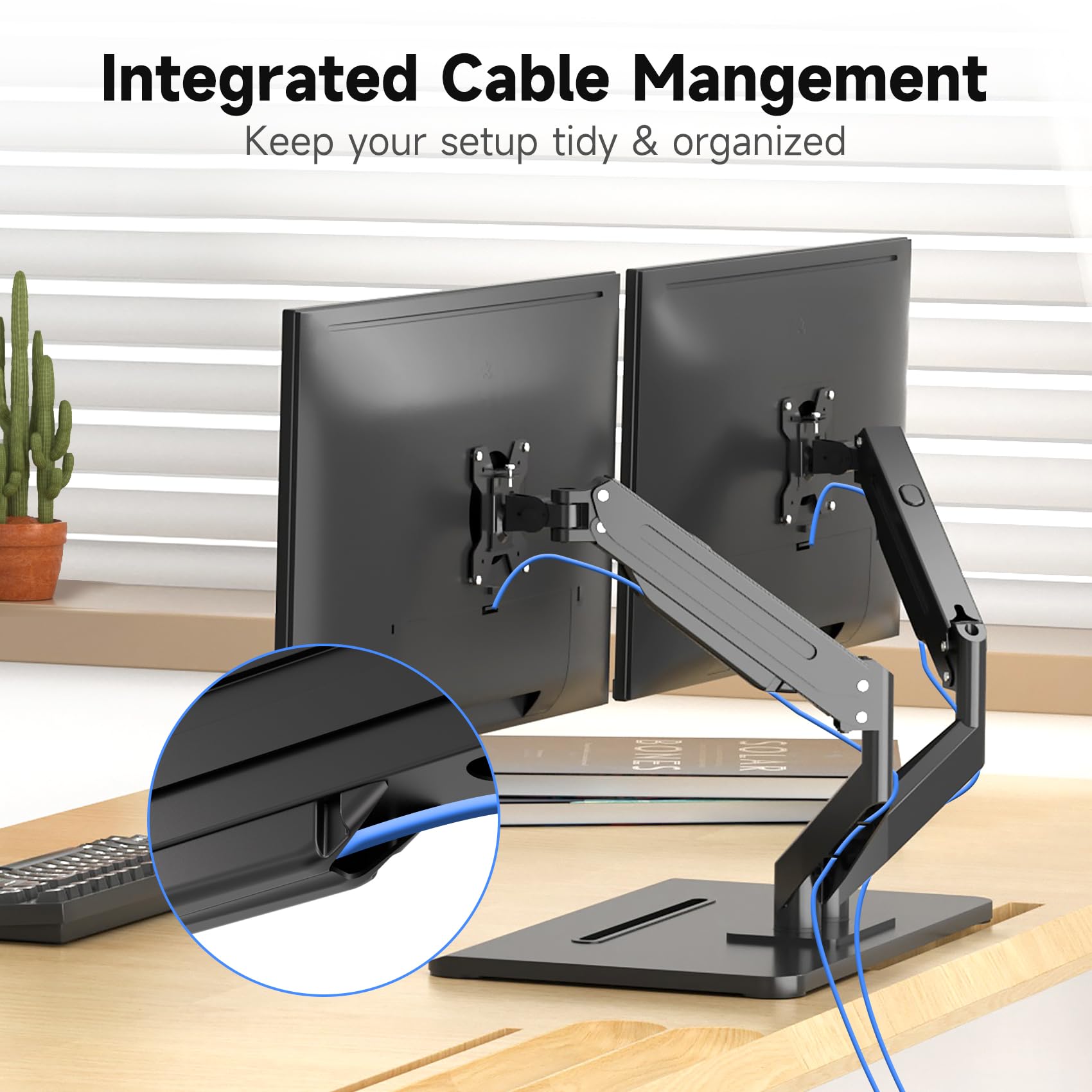 Suptek Dual Monitor Stand with Gas Spring Arm - Adjustable Free Standing Desk Mount for 17-32 Inch Screens (Up to 22 lbs) - Black (ML8SP) - Perfect for Home Office, Gaming Setup & Workspace Ergonomics