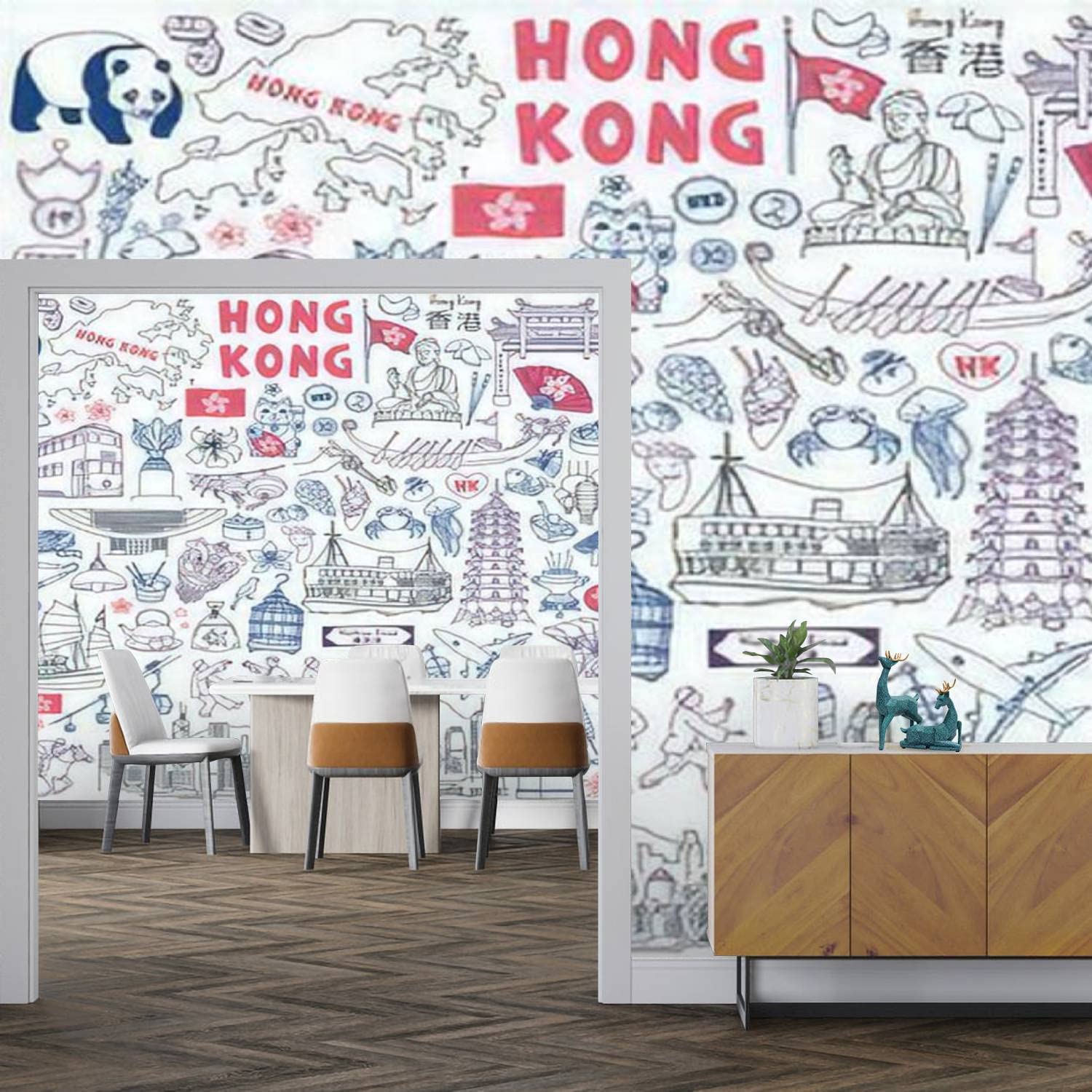 Peel & Stick Self-Adhesive PVC Wallpaper - Hong Kong Skyline Doodle Set with Hand-Drawn Food Landmarks, Removable Wall Mural Decal for Living Room & Bedroom Decor | Perfect for Home, Office, and Dorm Room Wall Stickers