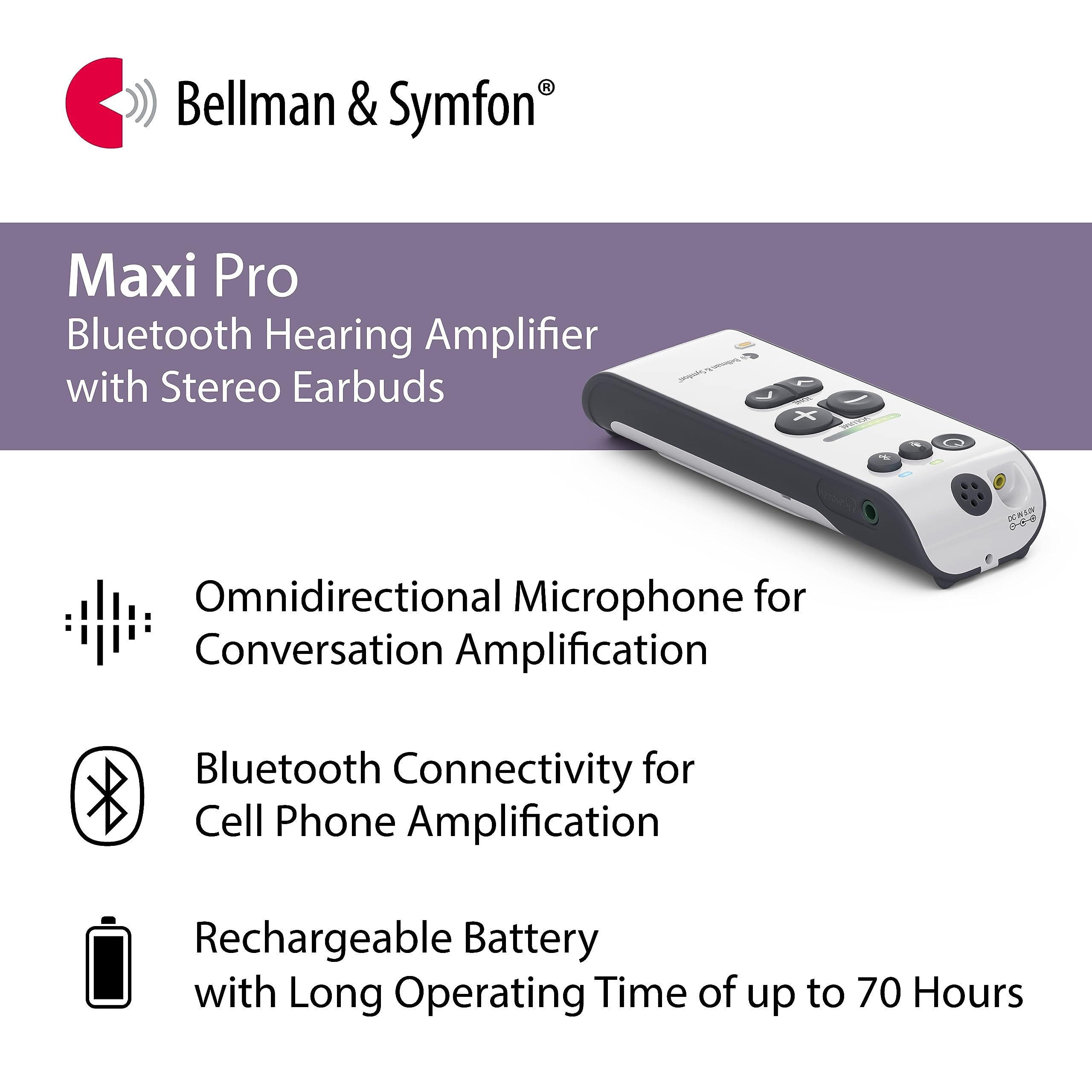 Bellman & Symfon Maxi Pro Bluetooth Hearing Amplifier with Wireless Earbuds - Rechargeable Digital Hearing Aid for Seniors - Crystal Clear Sound for Conversations & Phone Calls - Perfect for TV Watching, Family Gatherings & Outdoor Activities