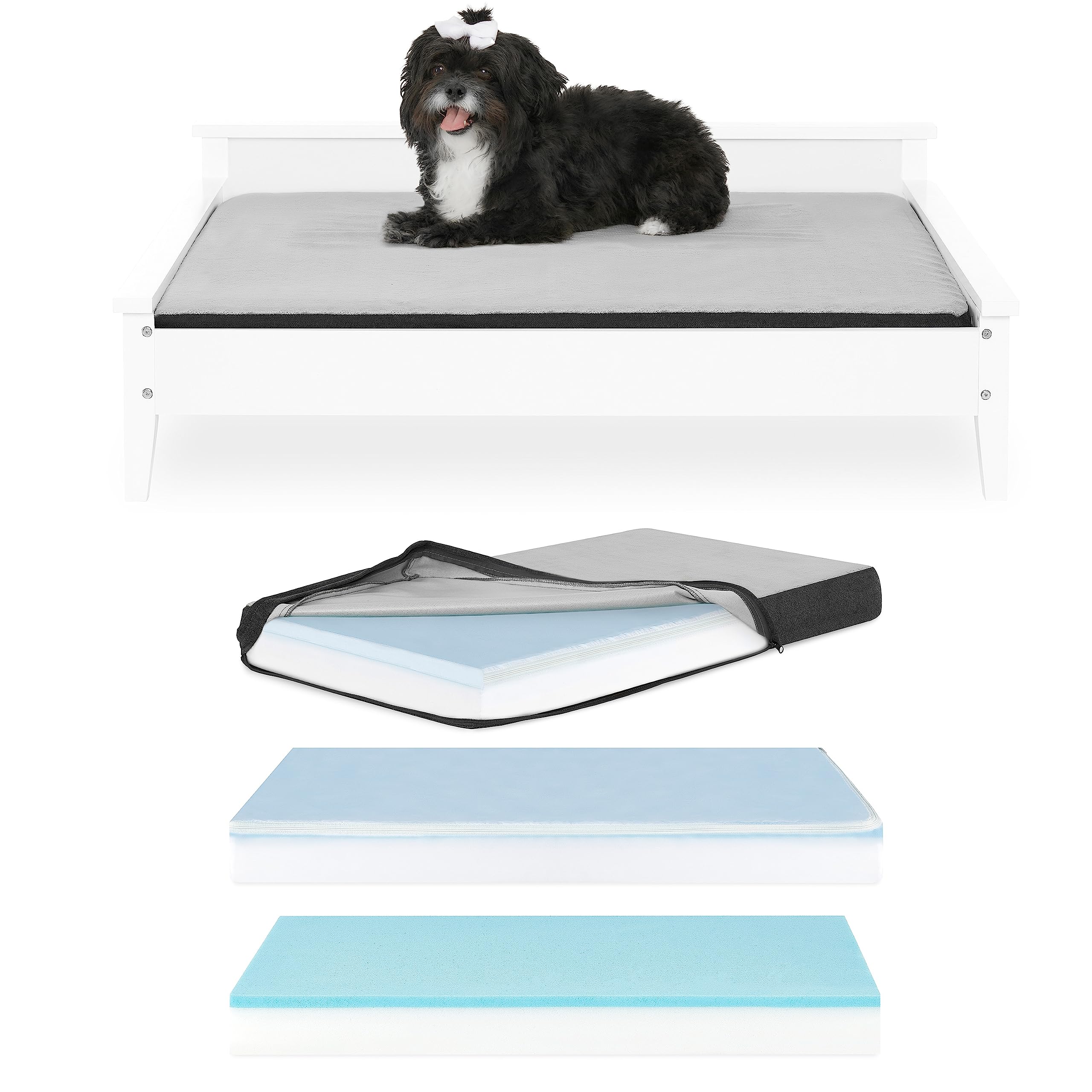 Premium Elevated Wooden Dog Bed with Water-Resistant Mattress - Large to Extra Large Size, Greenguard Gold Certified Pet Bed with Calming Support for Dogs - Modern Winston White Dog Couch for Indoor/Outdoor Use - Perfect for Living Rooms, Patios & Pet-Friendly Spaces