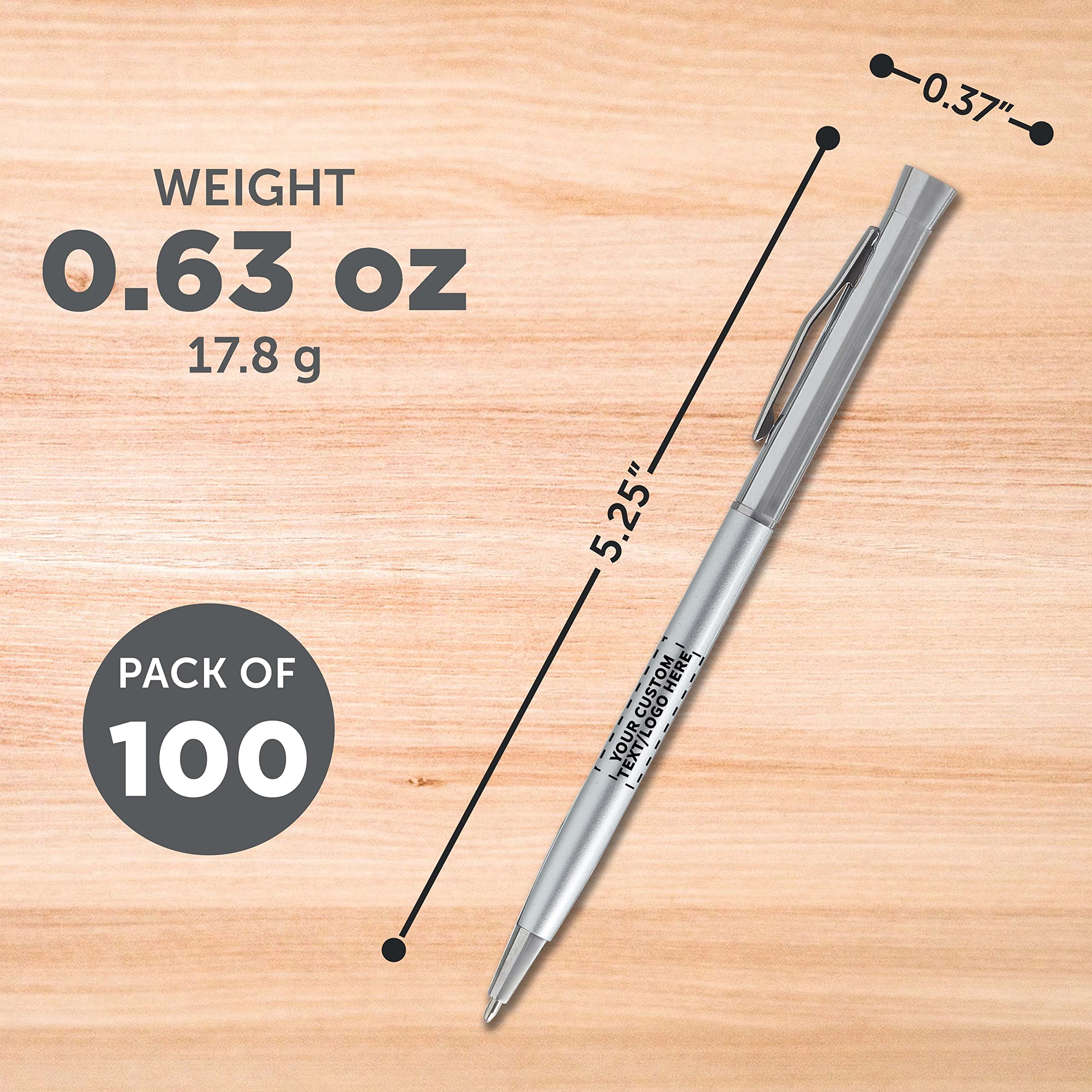 100 Pack Slim Metal Hotel Pens - Customizable Text & Logo - Two-Tone Minimalist Design with Black Ink - Silver Finish - Perfect for Corporate Gifts, Hotels, Offices & Events