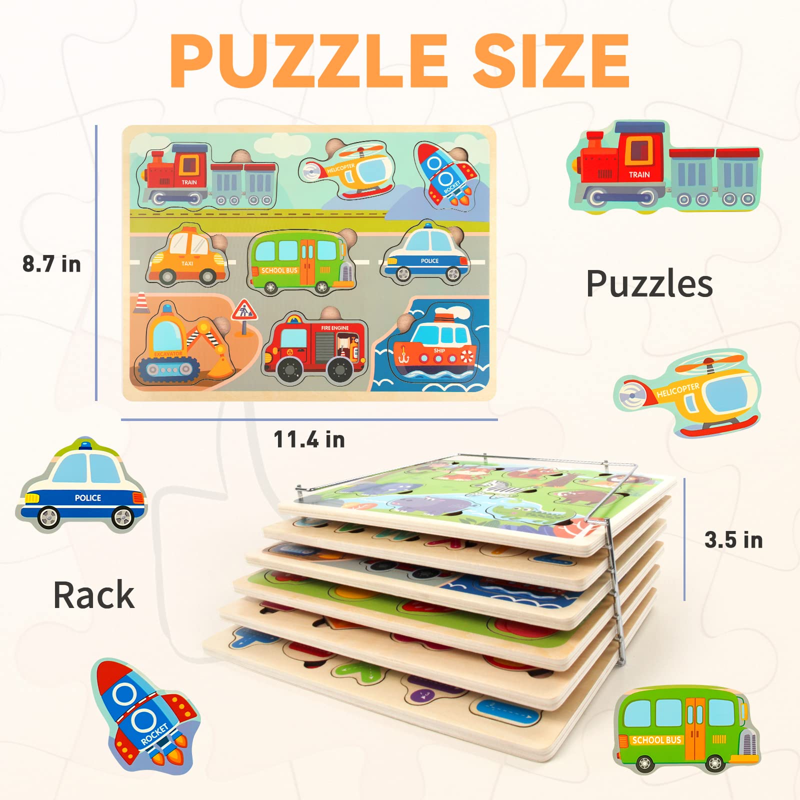 Wooden Puzzles for Toddlers 3-6 with Storage - 6 Pack for Preschool Learning | Playroom & Classroom Use
