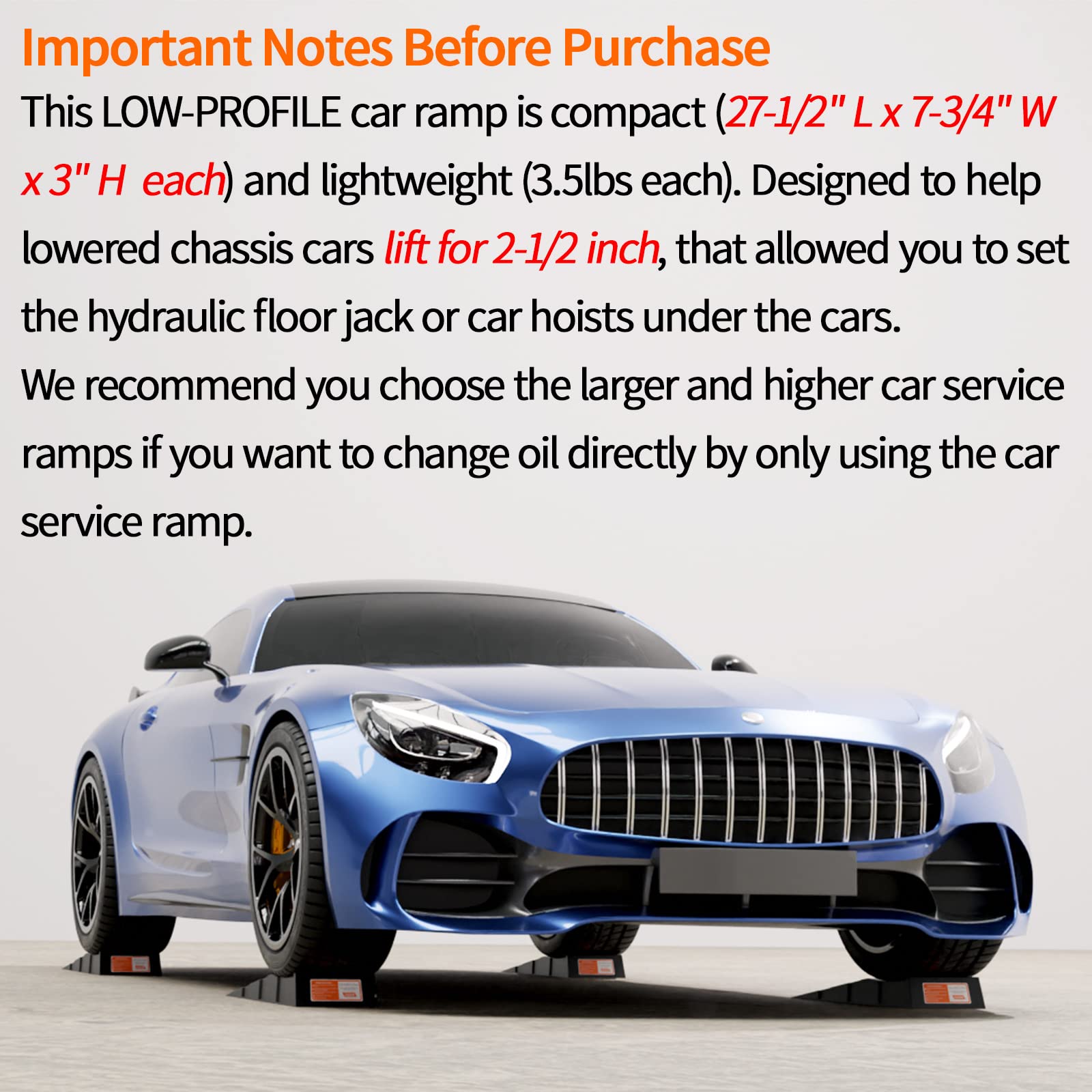 Low Profile Car Service Ramps with Anti-Slip Pads - 2.5 Inch Lifting Height (4 Pack) - Portable Vehicle Maintenance Ramps for Lowered Cars, Sports Cars & Racing Vehicles - Perfect for Oil Changes, Tire Rotations & Underbody Work